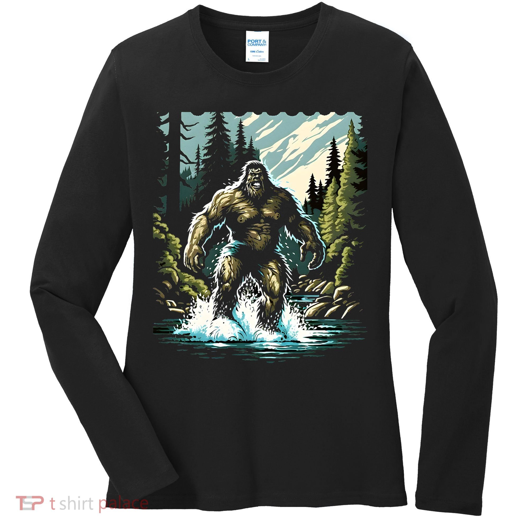 Bigfoot River Crossing in National Forest Sasquatch Cryptid Women's Long Sleeve Shirt