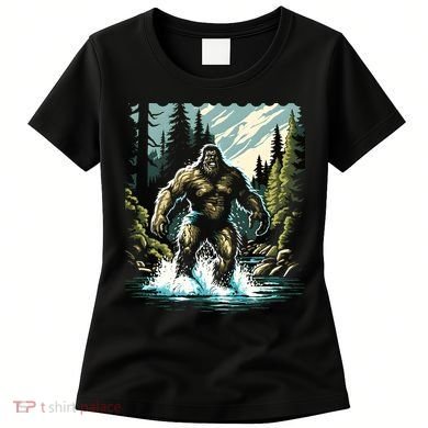 Bigfoot River Crossing in National Forest Sasquatch Cryptid Women's T-Shirt