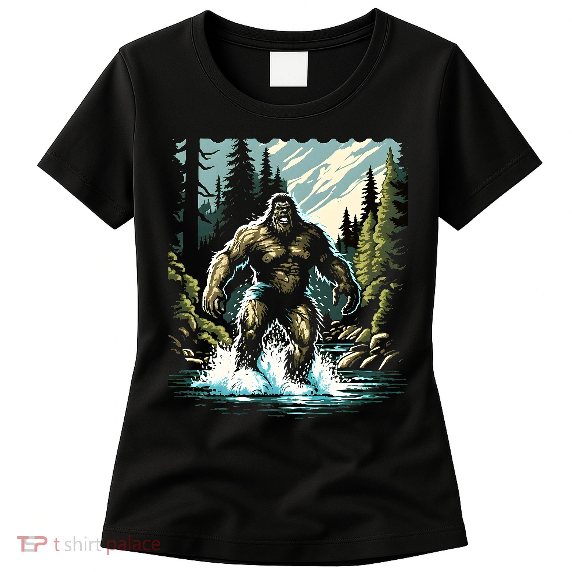 Bigfoot River Crossing in National Forest Sasquatch Cryptid Women's T-Shirt