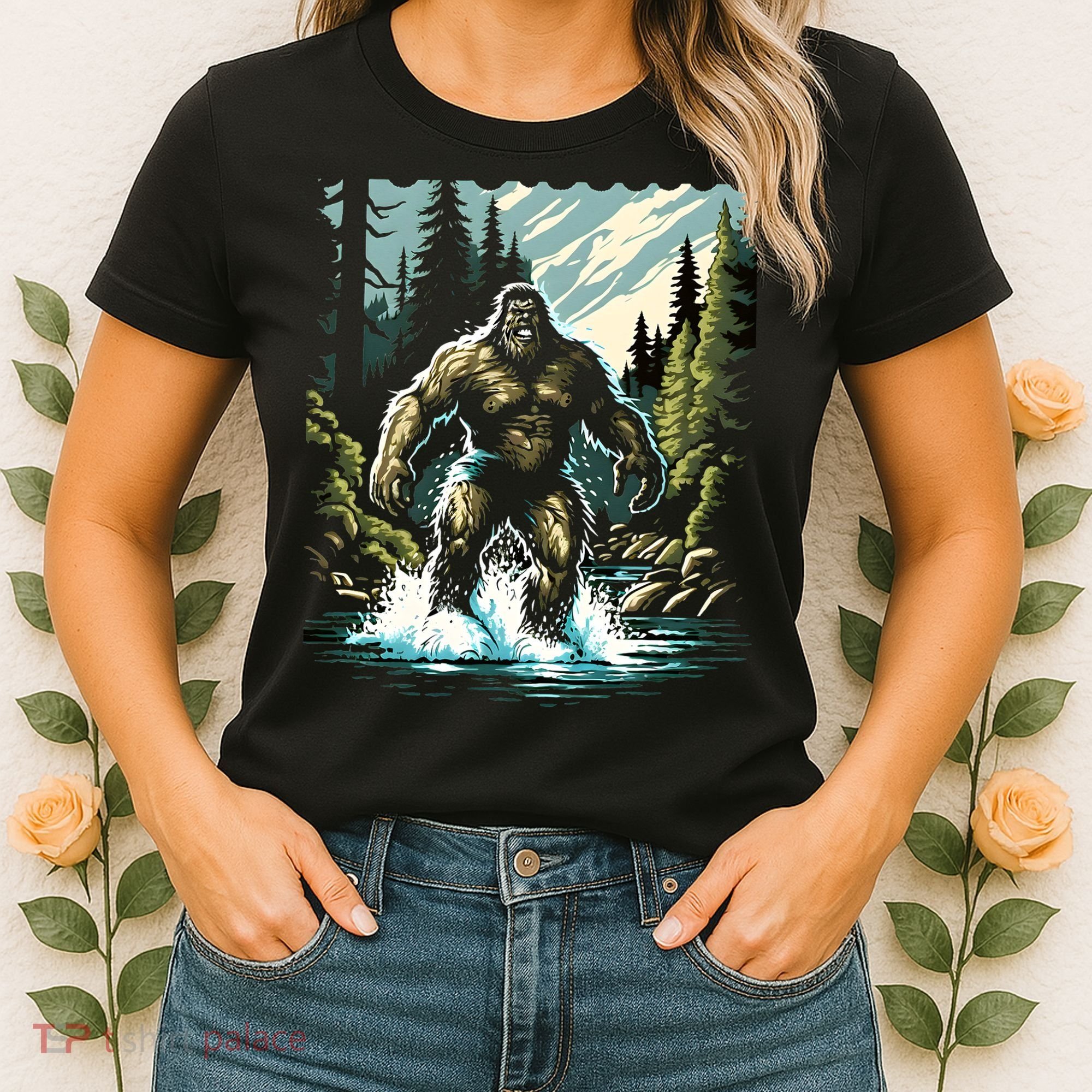 Bigfoot River Crossing in National Forest Sasquatch Cryptid Women's T-Shirt