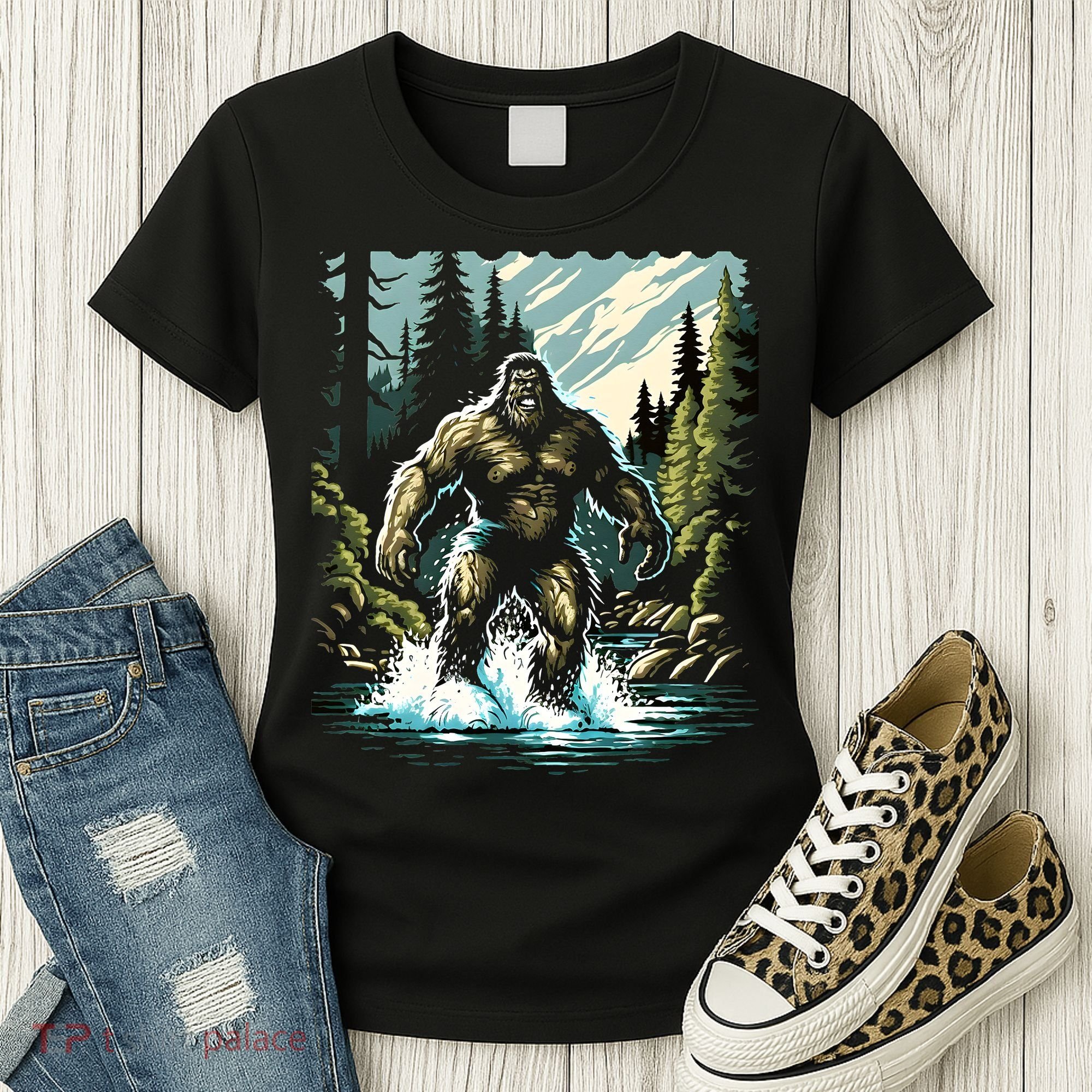 Bigfoot River Crossing in National Forest Sasquatch Cryptid Women's T-Shirt
