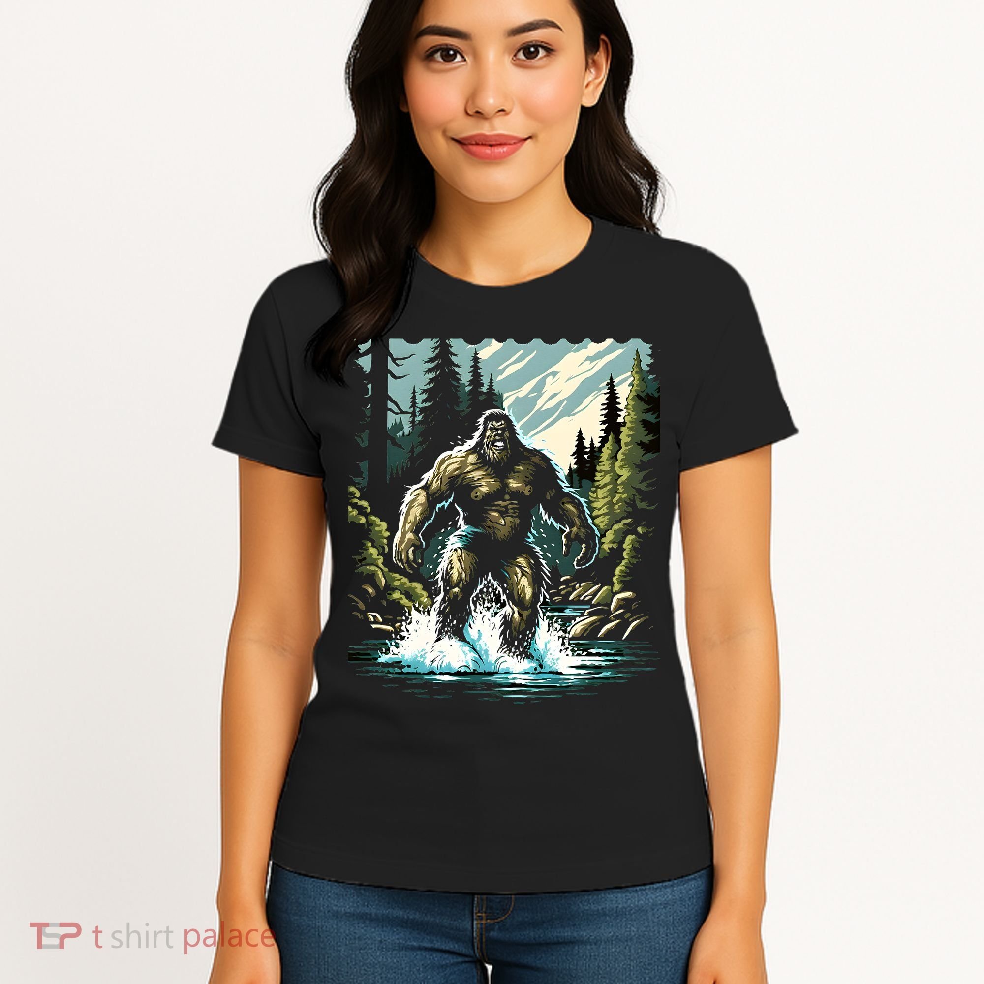 Bigfoot River Crossing in National Forest Sasquatch Cryptid Women's T-Shirt