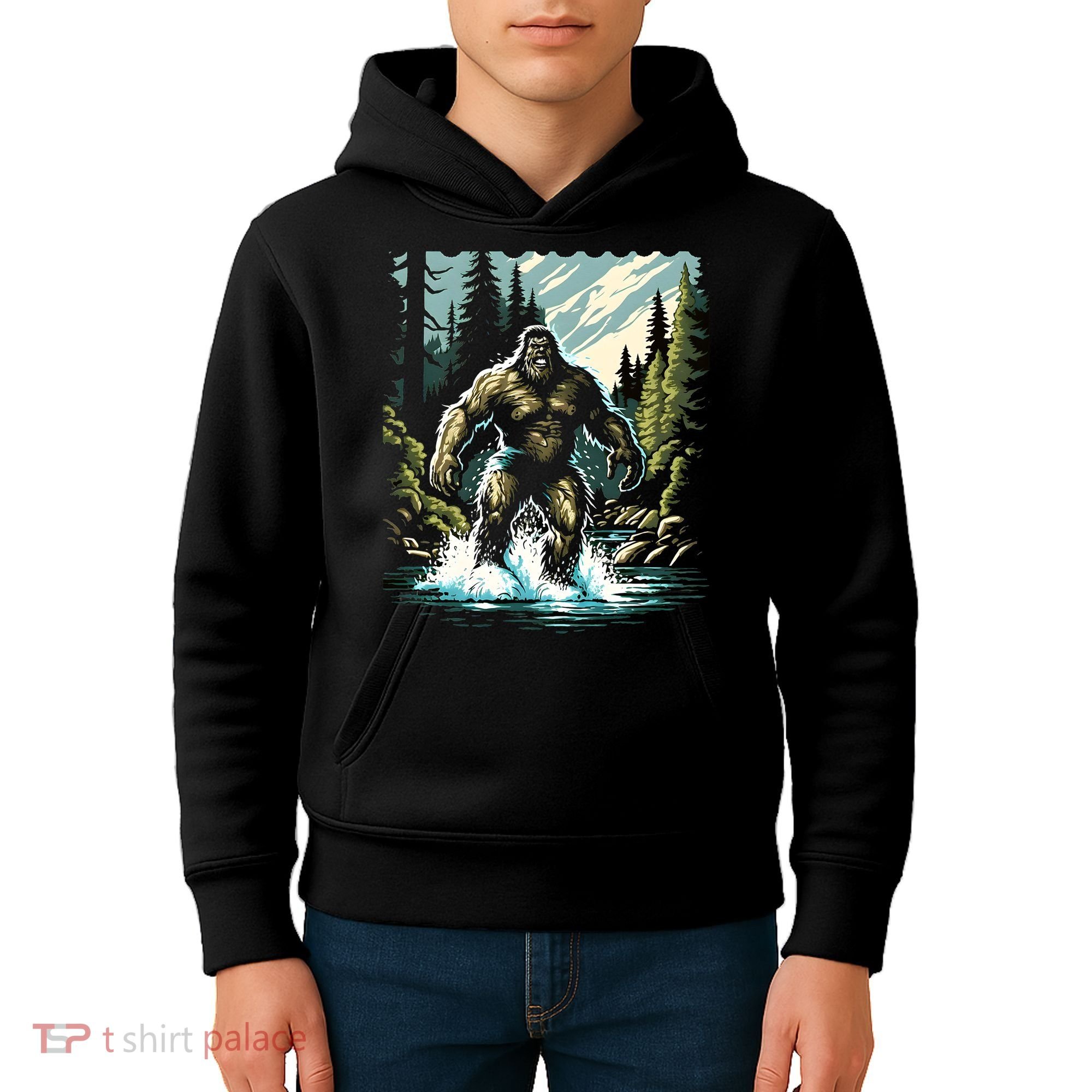 Bigfoot River Crossing in National Forest Sasquatch Cryptid Kids Hoodie