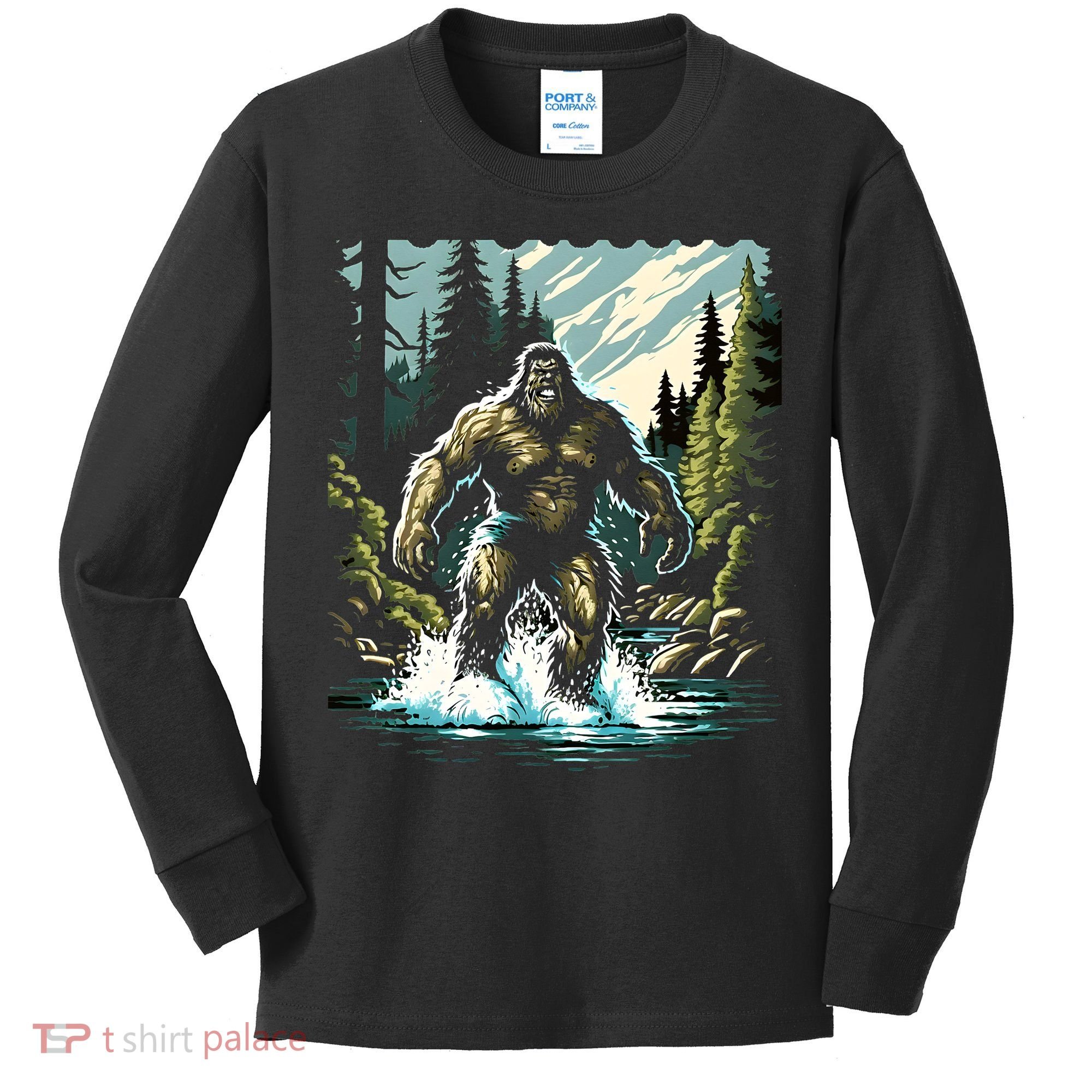 Bigfoot River Crossing in National Forest Sasquatch Cryptid Kids Long Sleeve Shirt