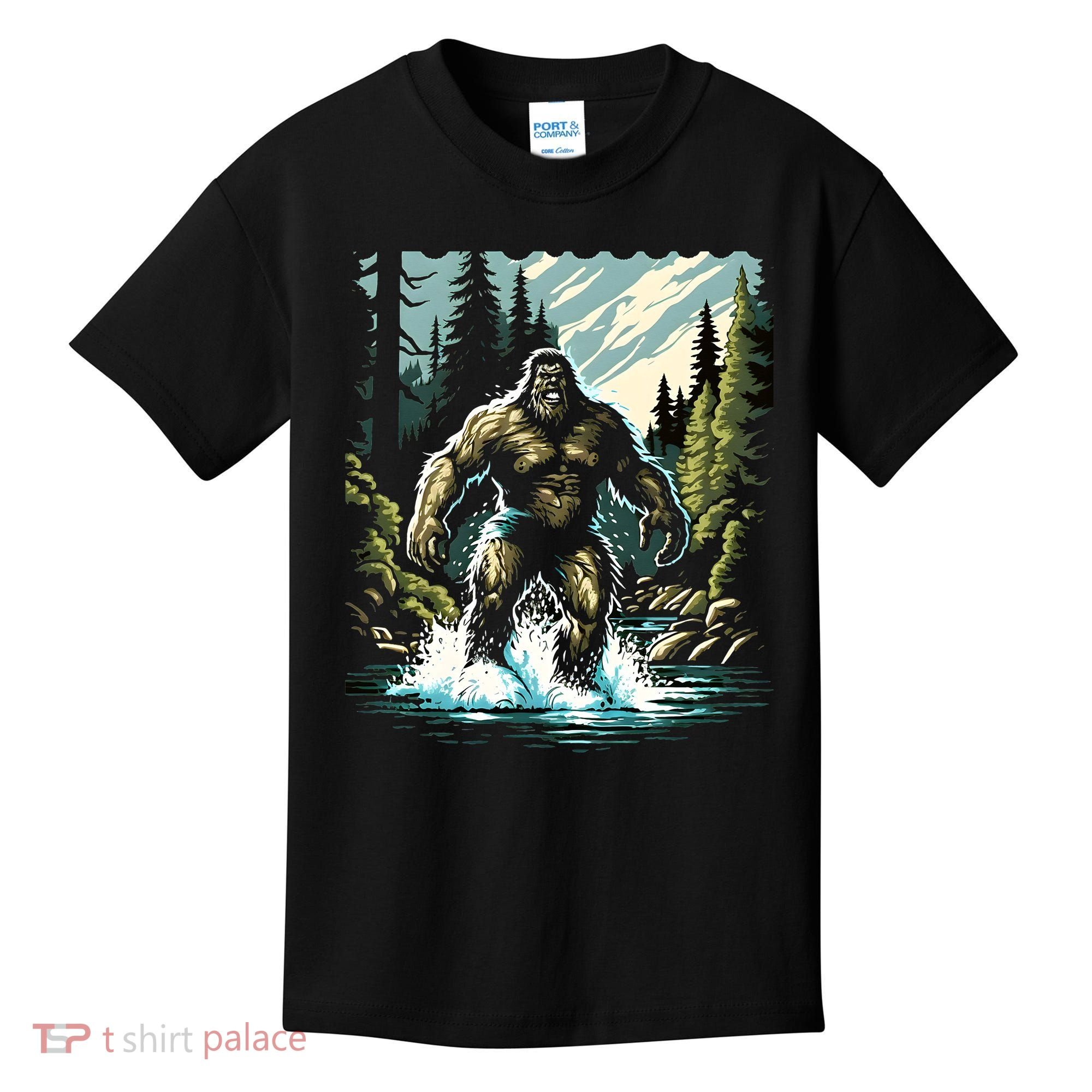 Bigfoot River Crossing in National Forest Sasquatch Cryptid Kids T-Shirt