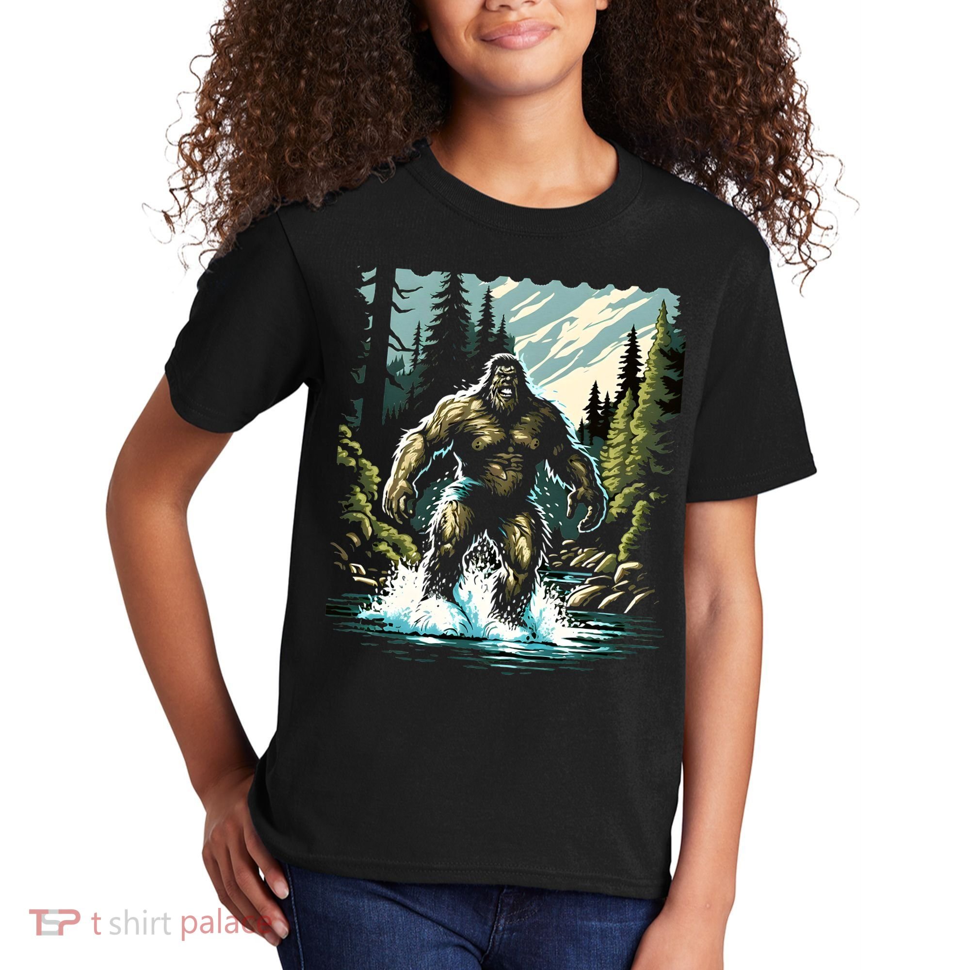 Bigfoot River Crossing in National Forest Sasquatch Cryptid Kids T-Shirt