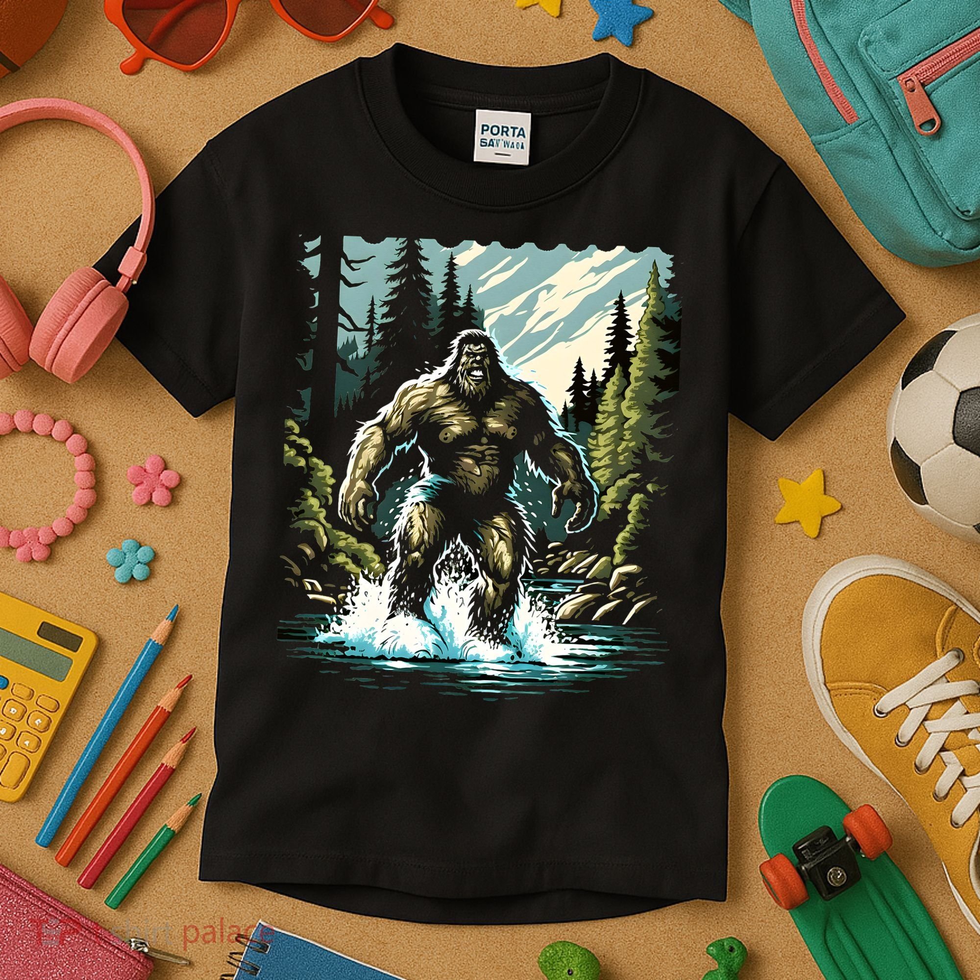 Bigfoot River Crossing in National Forest Sasquatch Cryptid Kids T-Shirt