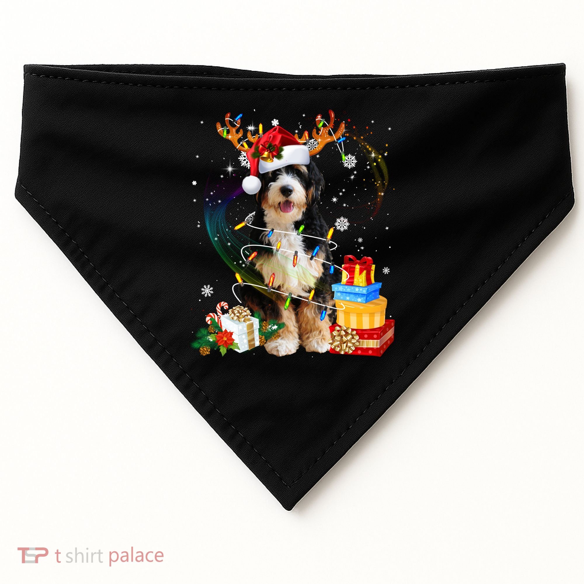 Bernedoodle Reindeer Christmas Lights Funny Dog Xmas Gift Cool Gift USA-Made Doggie Bandana