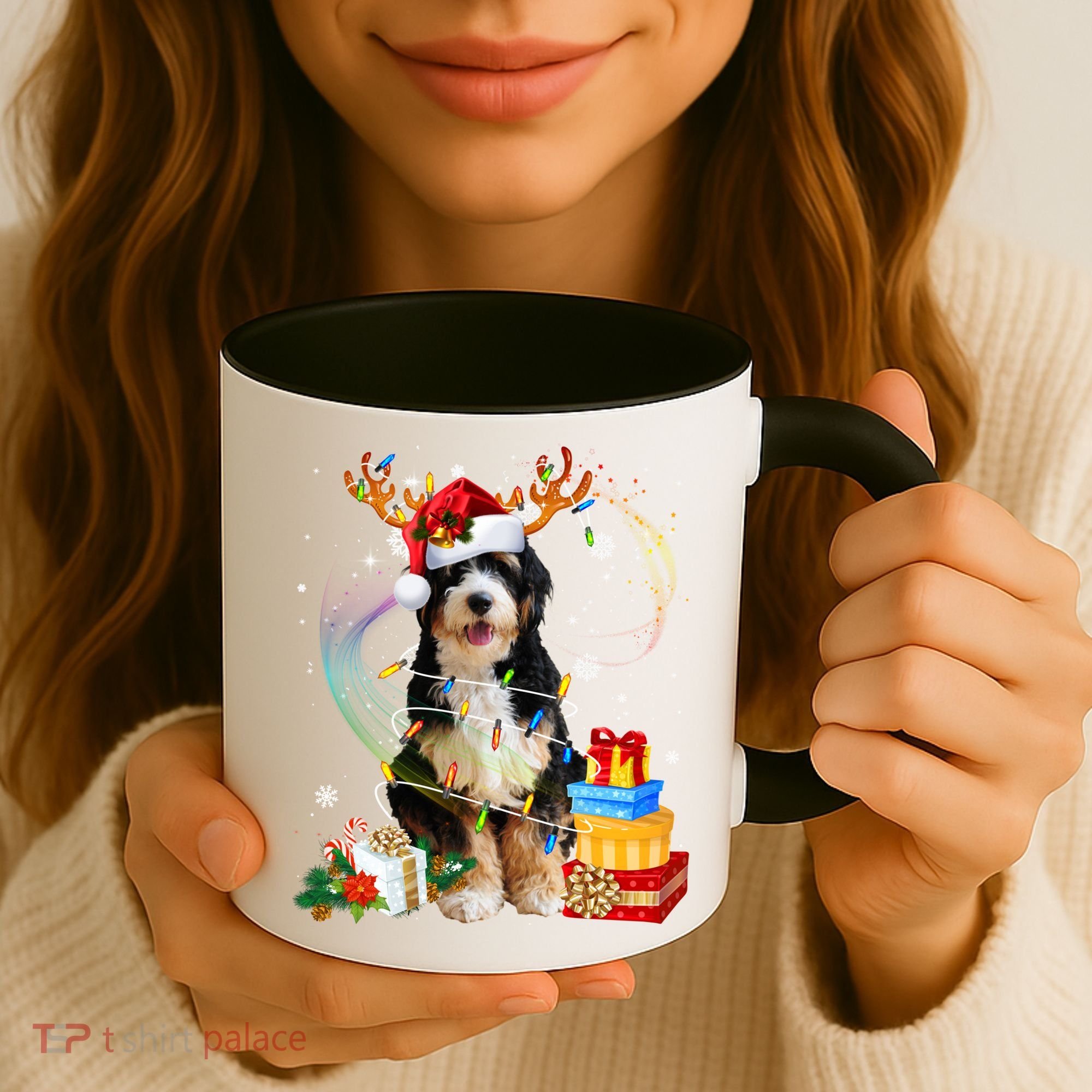 Bernedoodle Reindeer Christmas Lights Funny Dog Xmas Gift Cool Gift Coffee Mug