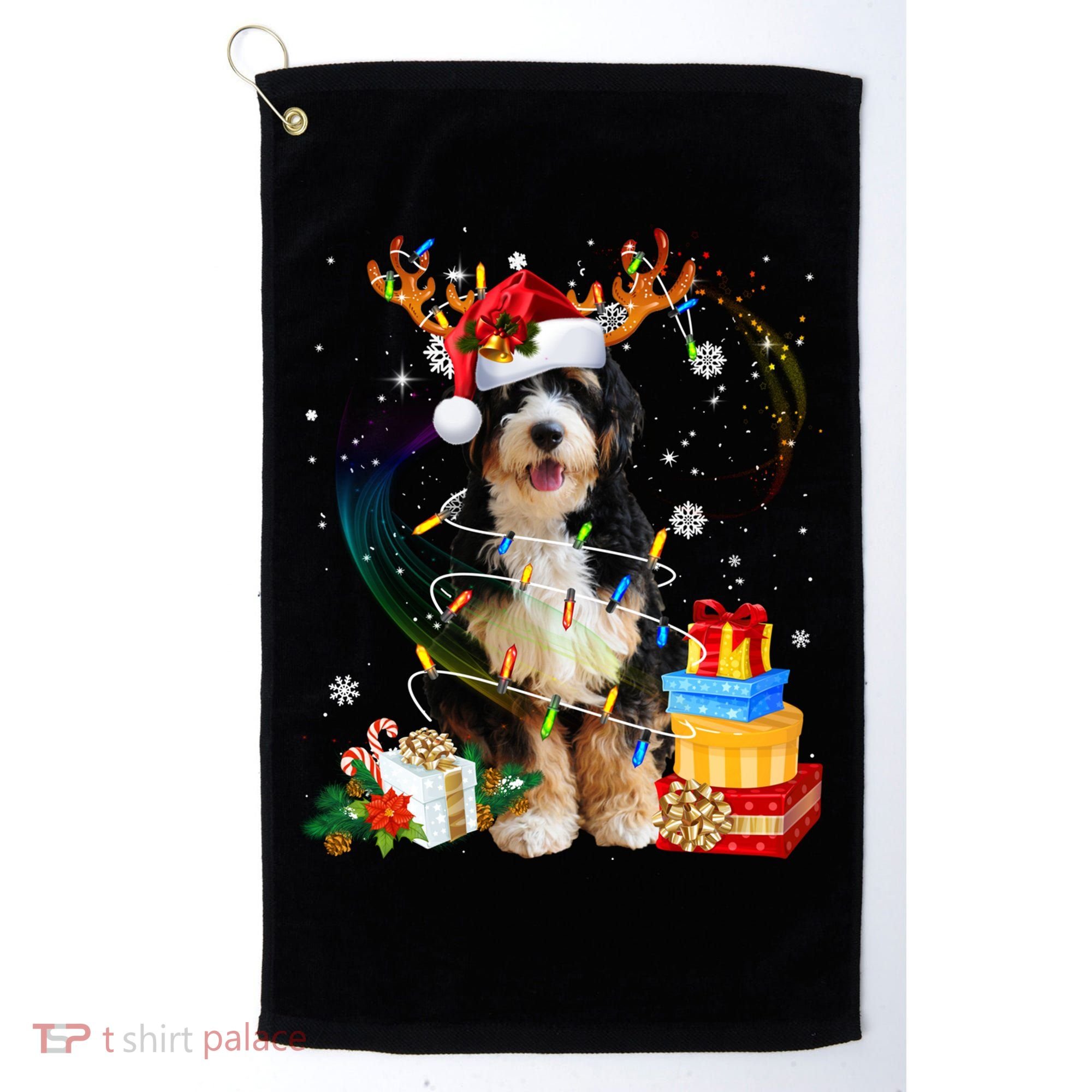 Bernedoodle Reindeer Christmas Lights Funny Dog Xmas Gift Cool Gift Golf Towel