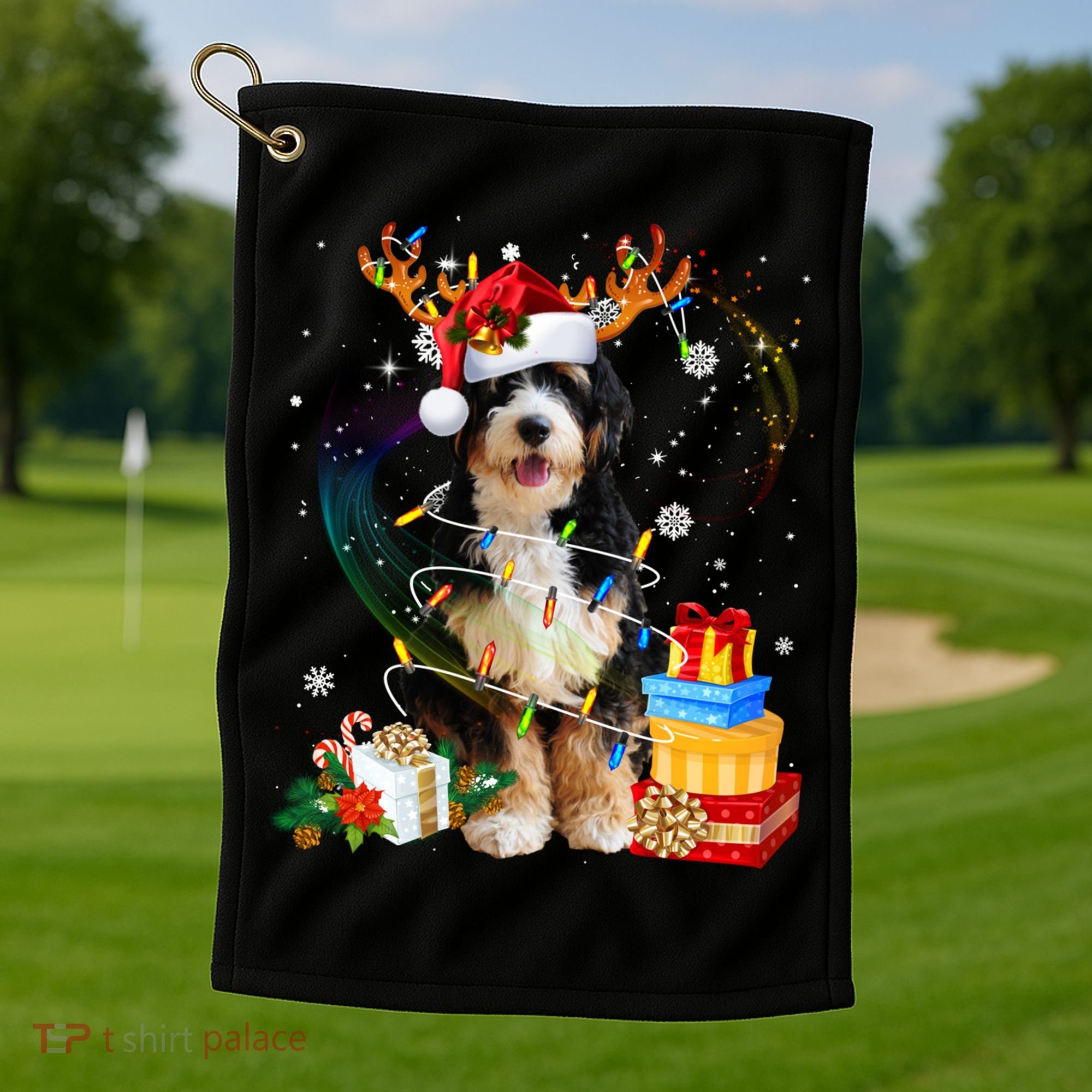 Bernedoodle Reindeer Christmas Lights Funny Dog Xmas Gift Cool Gift Golf Towel