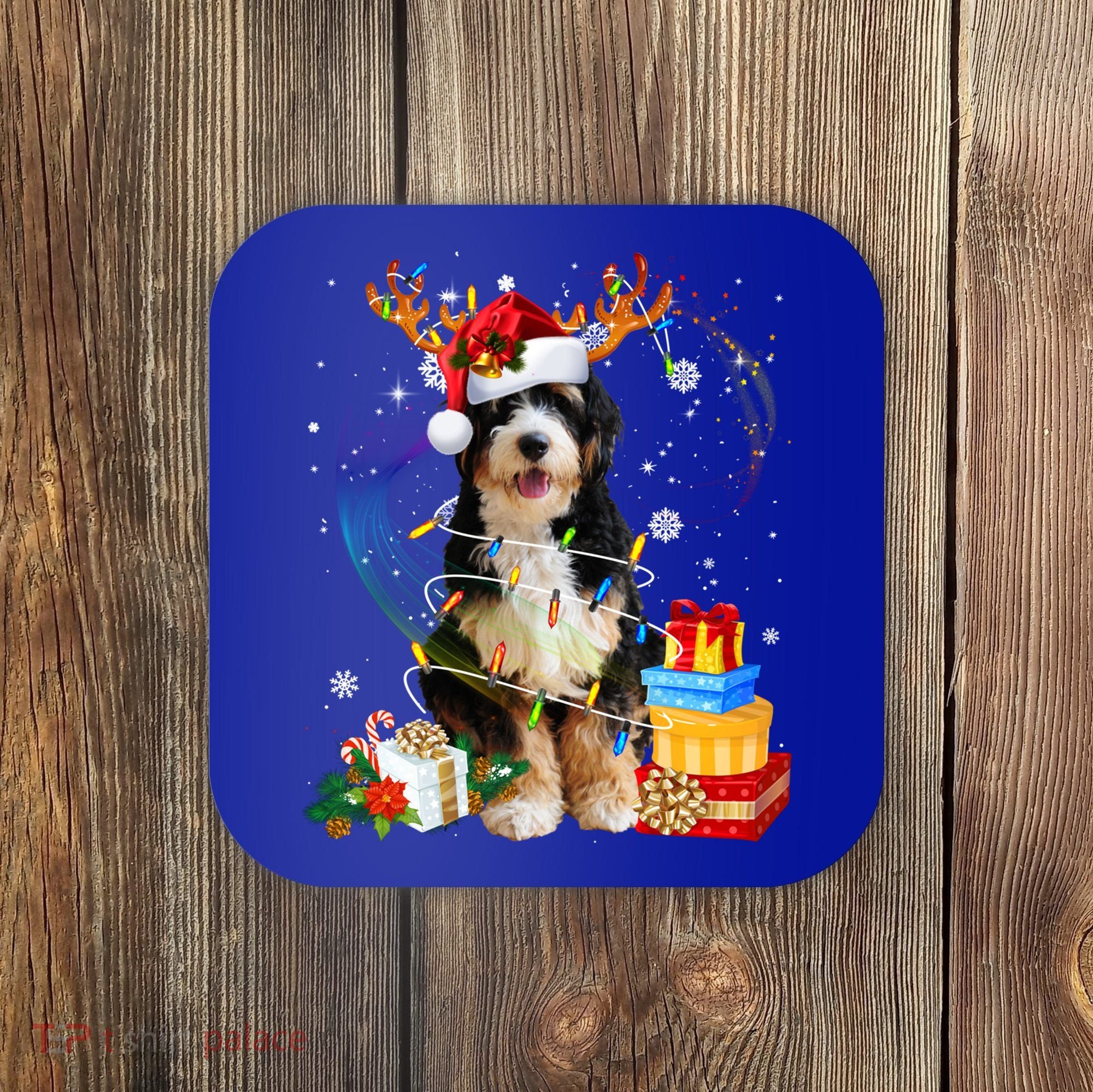 Bernedoodle Reindeer Christmas Lights Funny Dog Xmas Gift Cool Gift Coaster