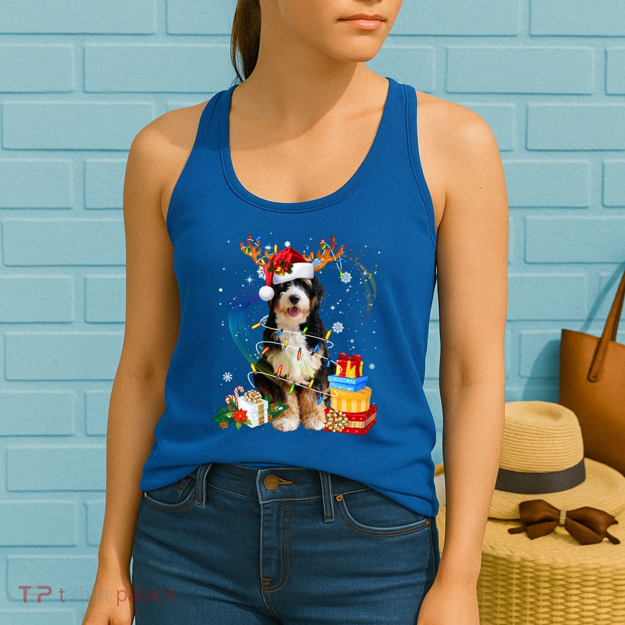 Bernedoodle Reindeer Christmas Lights Funny Dog Xmas Gift Cool Gift Women's Tank Top