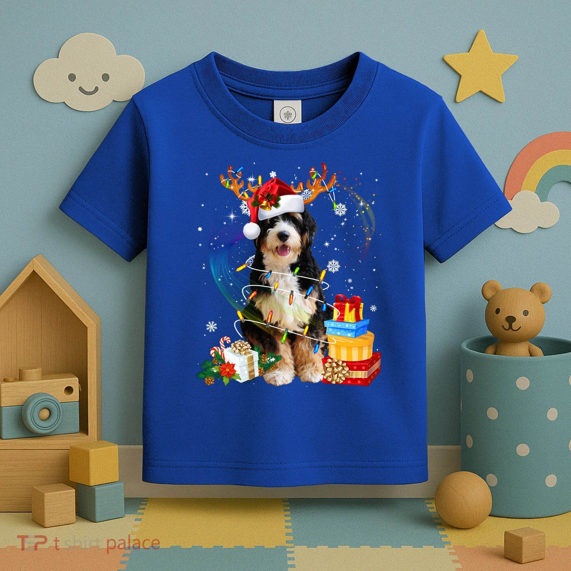 Bernedoodle Reindeer Christmas Lights Funny Dog Xmas Gift Cool Gift Toddler T-Shirt