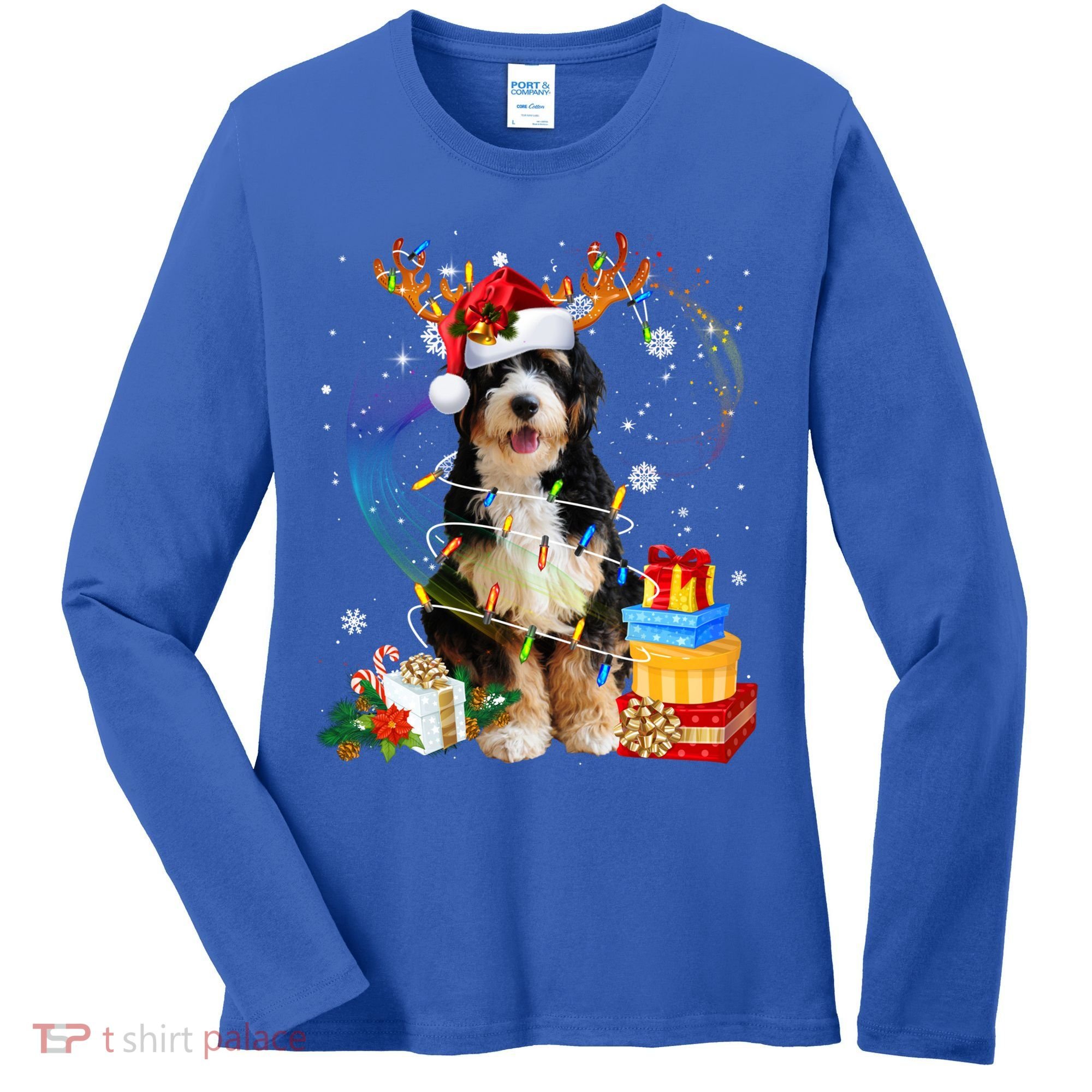 Bernedoodle Reindeer Christmas Lights Funny Dog Xmas Gift Cool Gift Women's Long Sleeve Shirt
