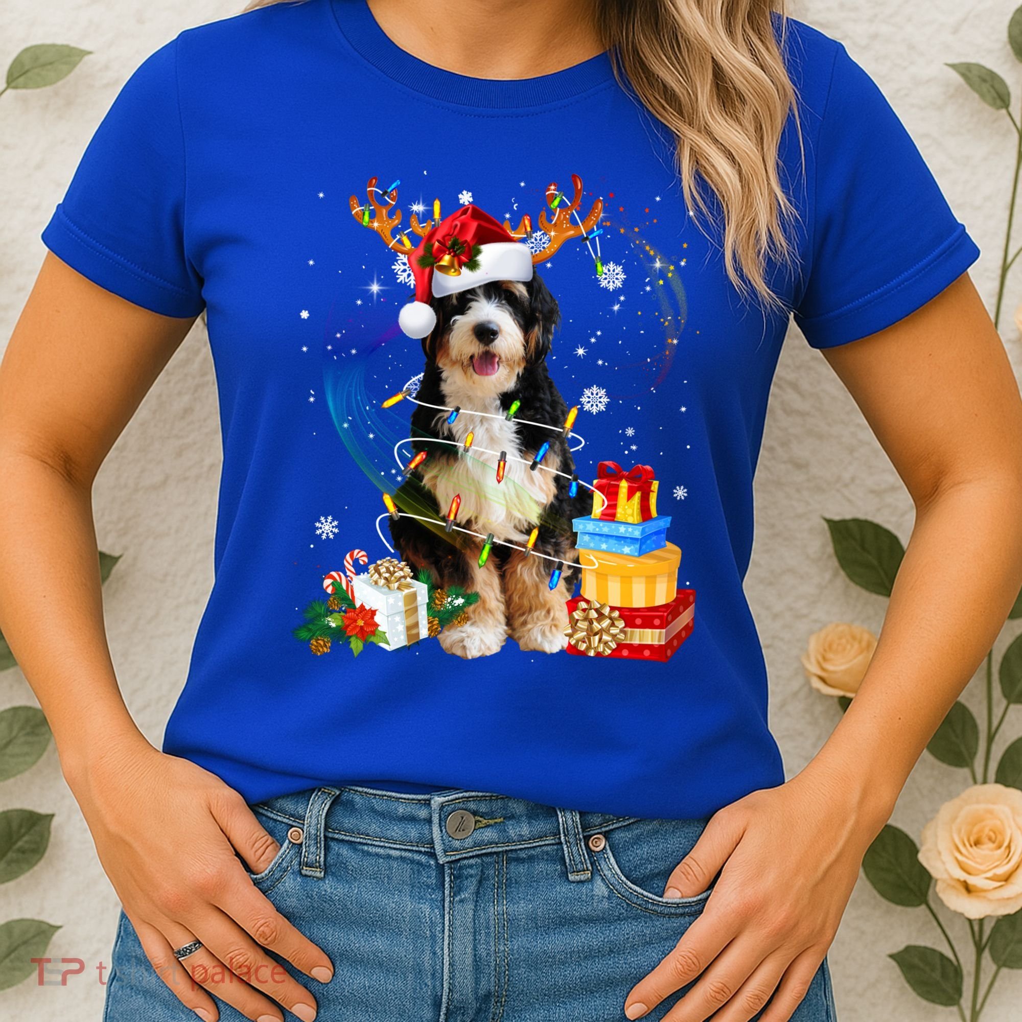 Bernedoodle Reindeer Christmas Lights Funny Dog Xmas Gift Cool Gift Women's T-Shirt