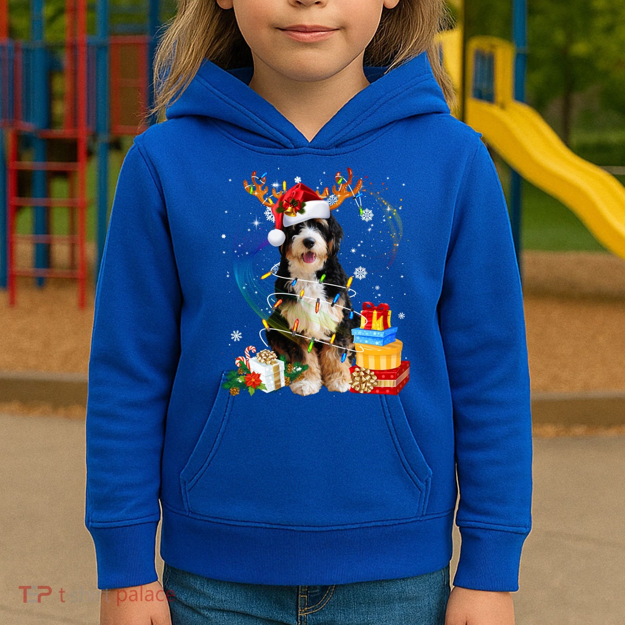 Bernedoodle Reindeer Christmas Lights Funny Dog Xmas Gift Cool Gift Kids Hoodie