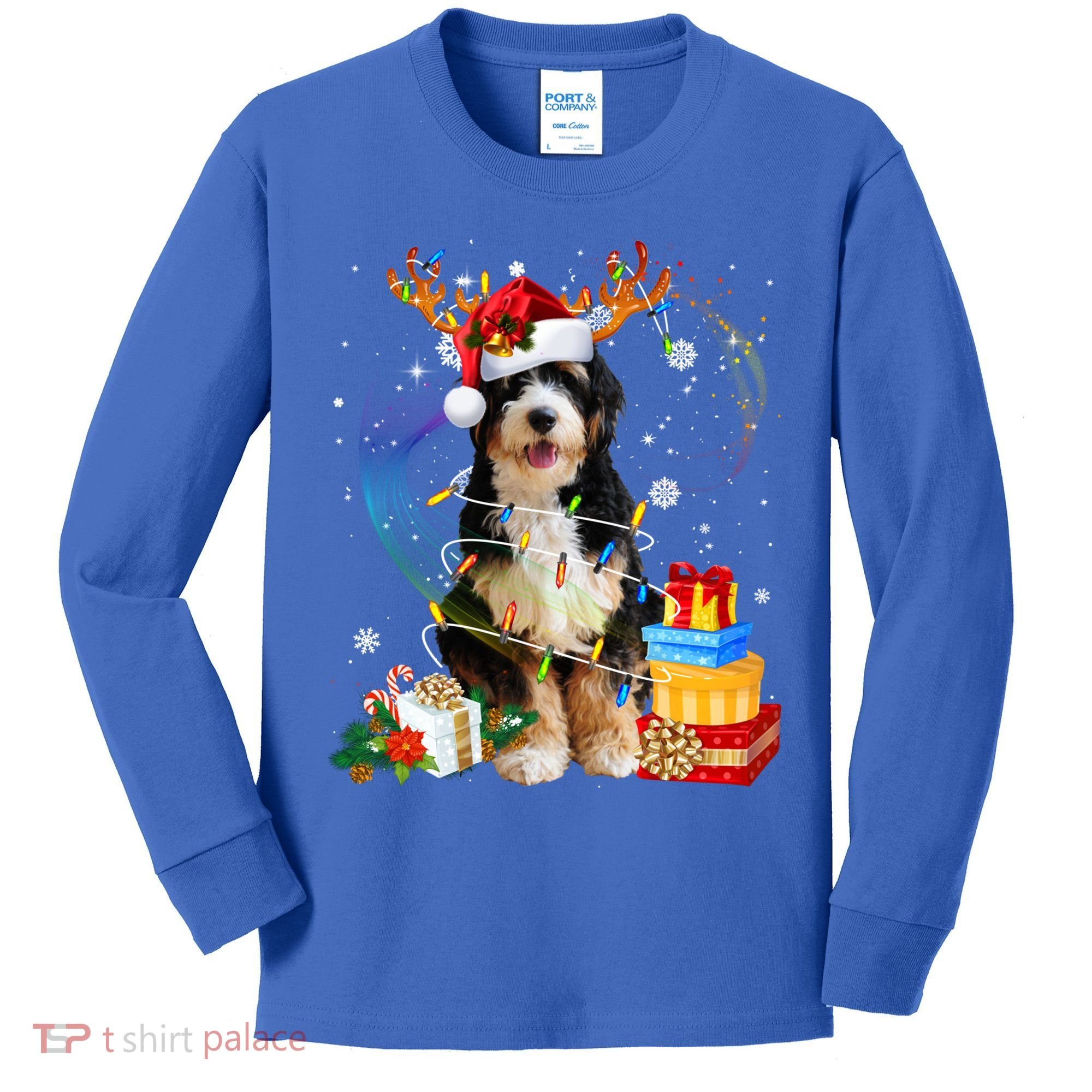 Bernedoodle Reindeer Christmas Lights Funny Dog Xmas Gift Cool Gift Kids Long Sleeve Shirt