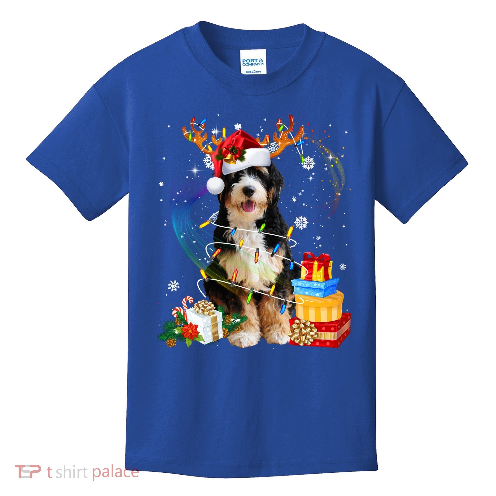 Bernedoodle Reindeer Christmas Lights Funny Dog Xmas Gift Cool Gift Kids T-Shirt