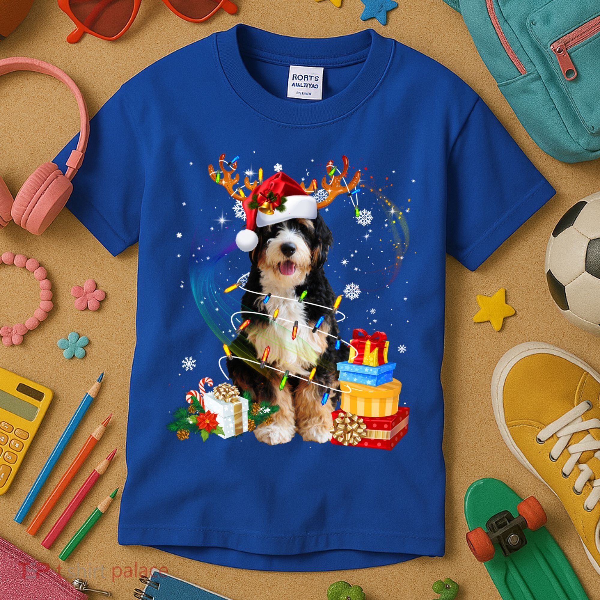 Bernedoodle Reindeer Christmas Lights Funny Dog Xmas Gift Cool Gift Kids T-Shirt