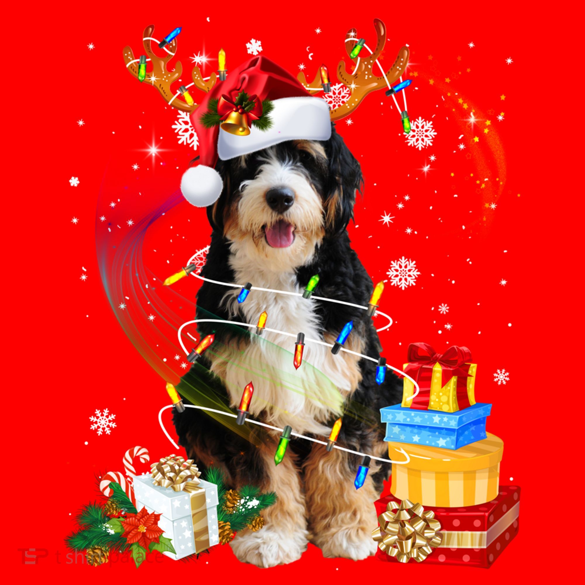 Bernedoodle Reindeer Christmas Lights Funny Dog Xmas Gift Cool Gift Santa Hat