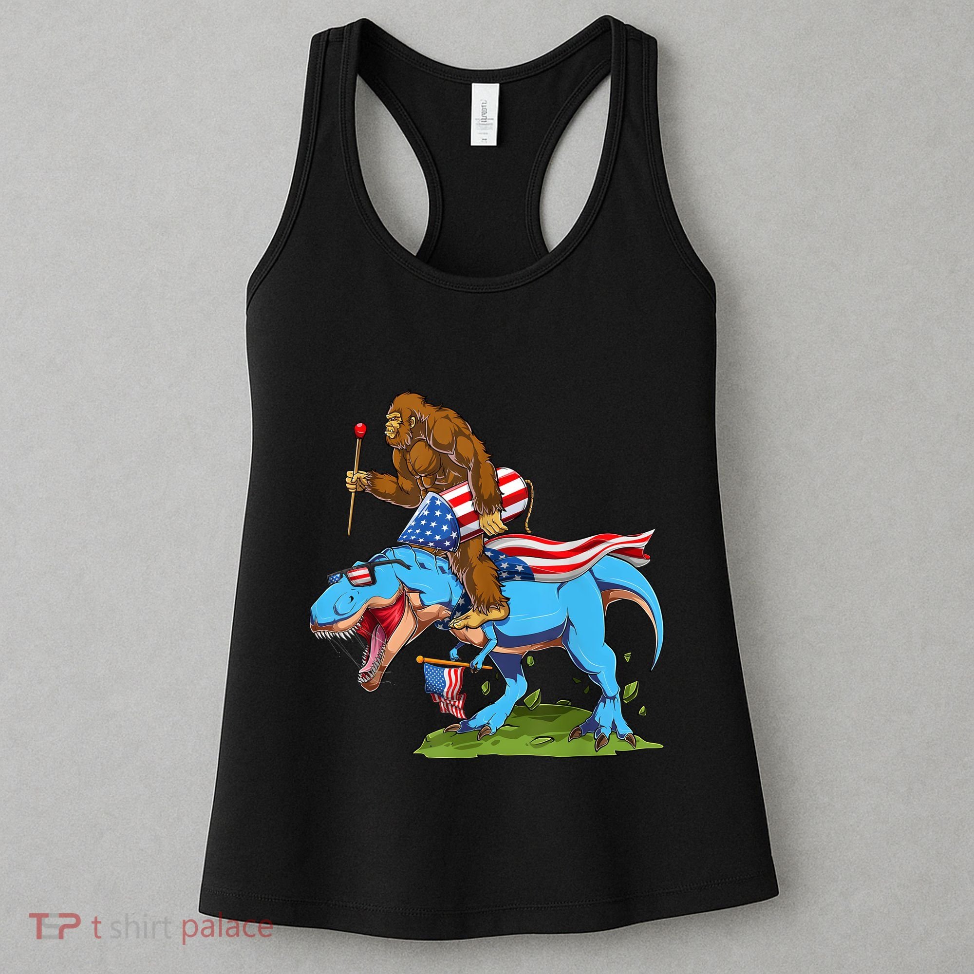 Bigfoot Riding Dinosaur USA Flag 4th Of July America Women's Tank Top