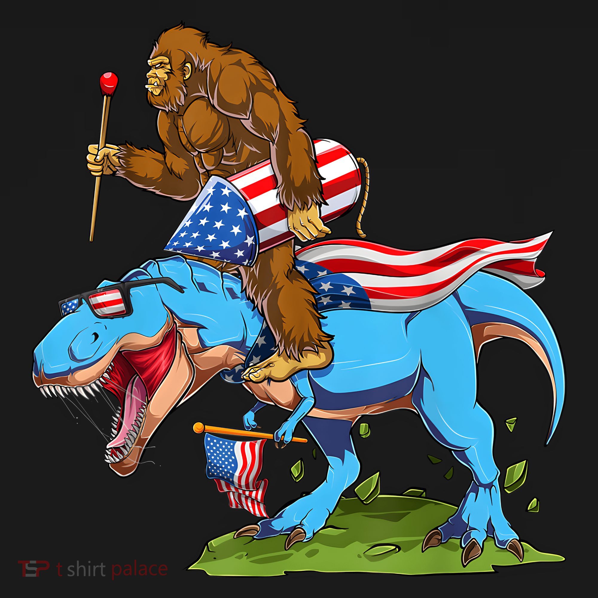 Bigfoot Riding Dinosaur USA Flag 4th Of July America Women's Tank Top