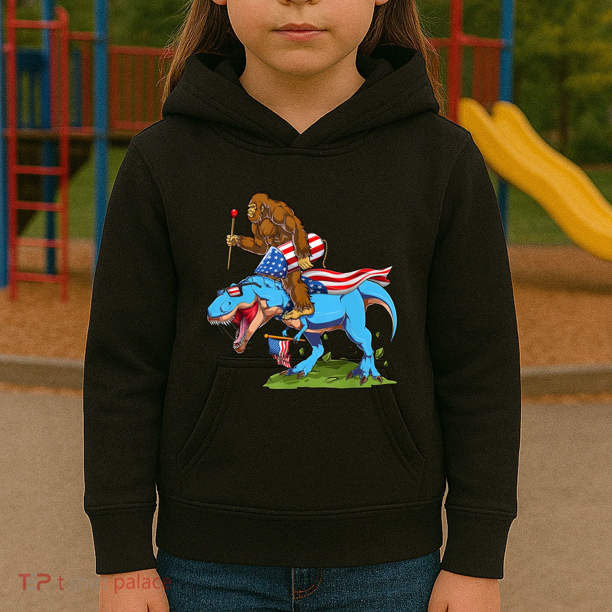 Bigfoot Riding Dinosaur USA Flag 4th Of July America Kids Hoodie