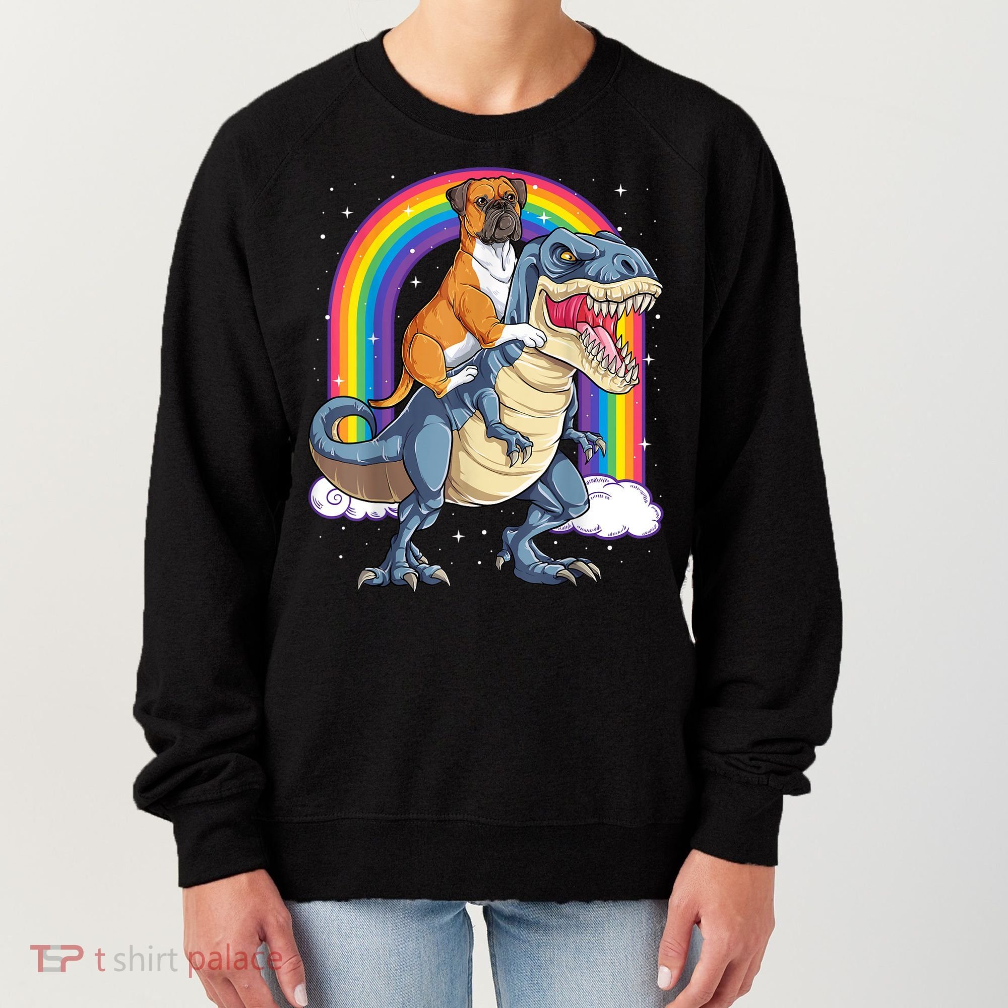 Boxer Riding Dinosaur T Rex Dog Lover Boys Kids Rainbow Women's Sweatshirt