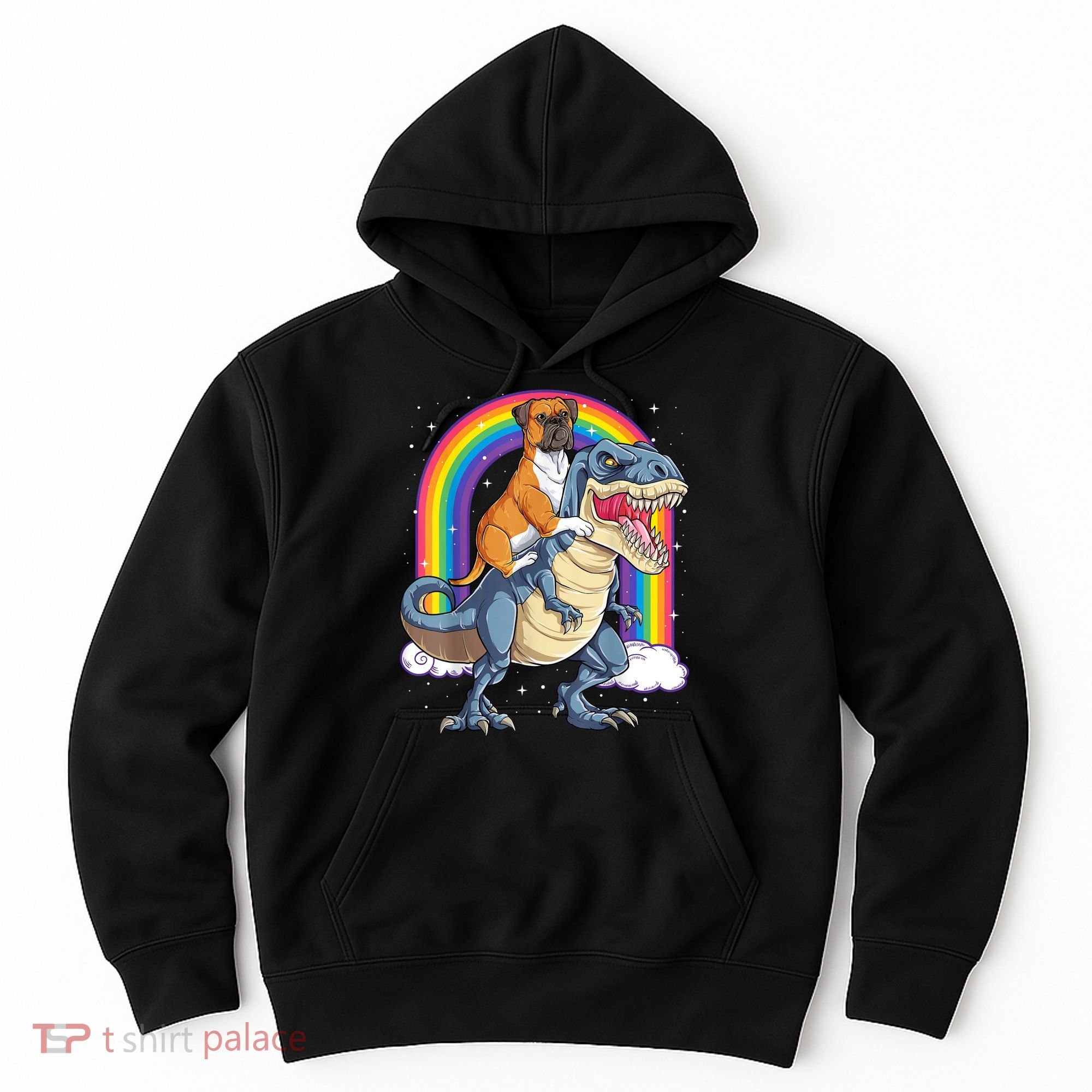 Boxer Riding Dinosaur T Rex Dog Lover Boys Kids Rainbow Hoodie