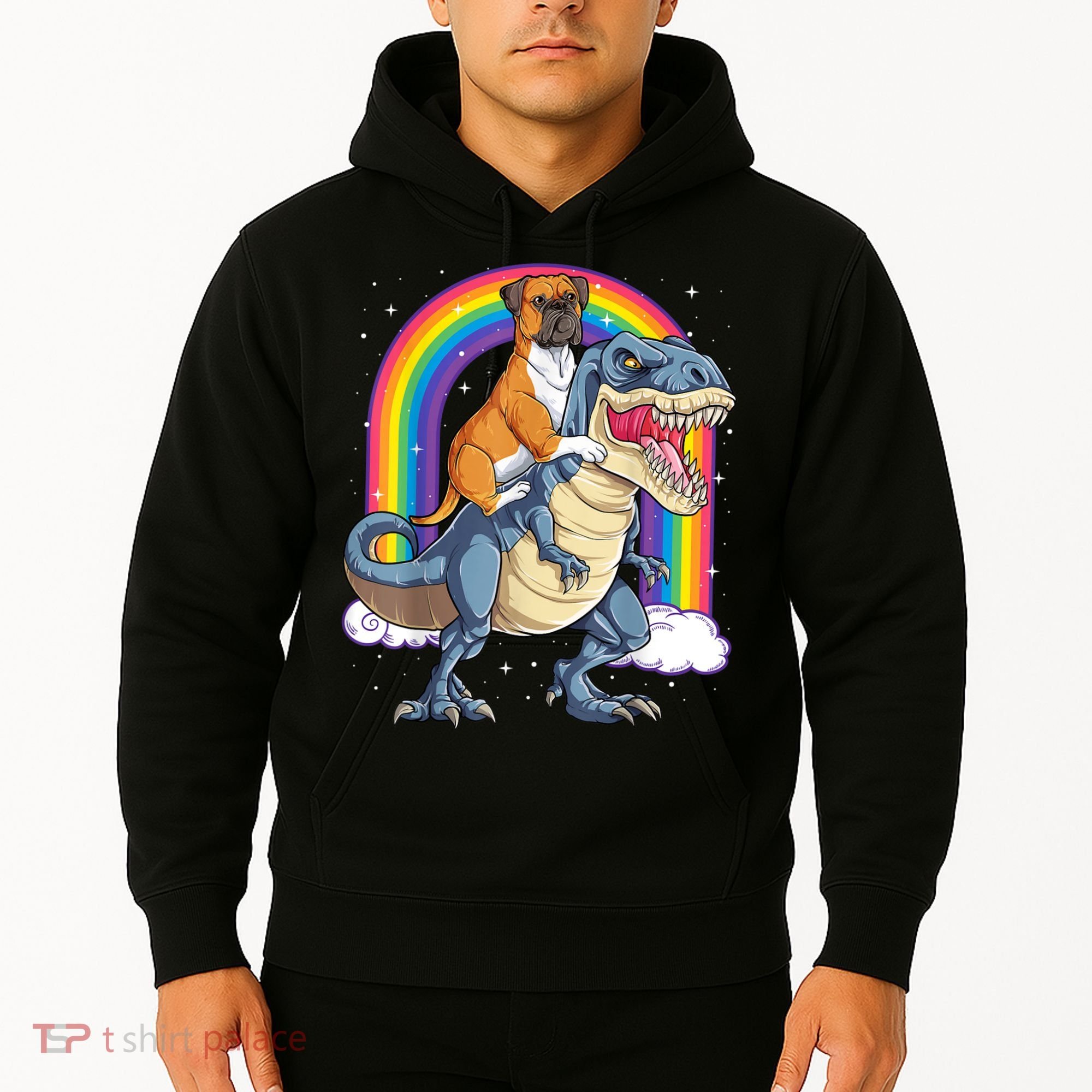 Boxer Riding Dinosaur T Rex Dog Lover Boys Kids Rainbow Hoodie