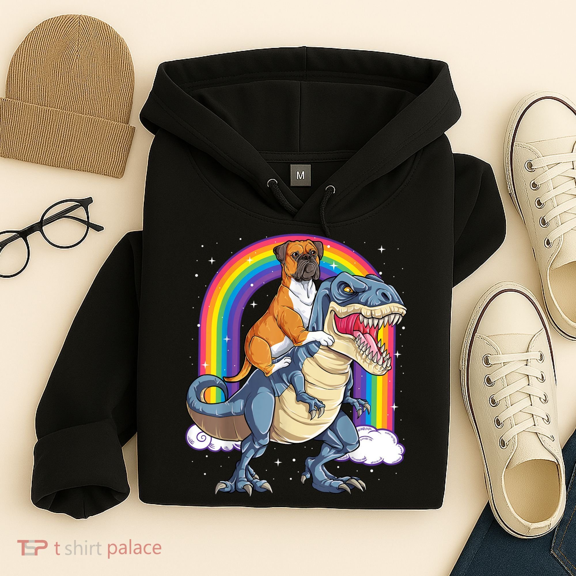 Boxer Riding Dinosaur T Rex Dog Lover Boys Kids Rainbow Hoodie