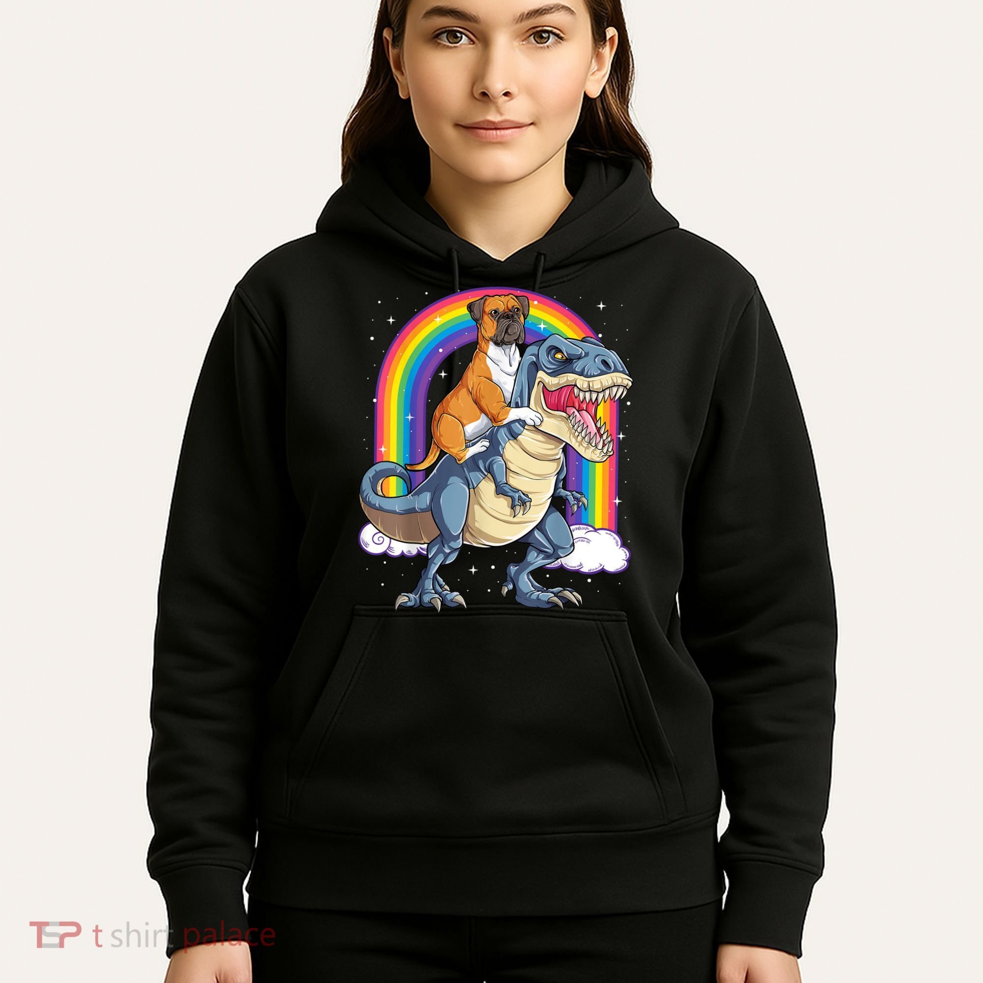 Boxer Riding Dinosaur T Rex Dog Lover Boys Kids Rainbow Hoodie