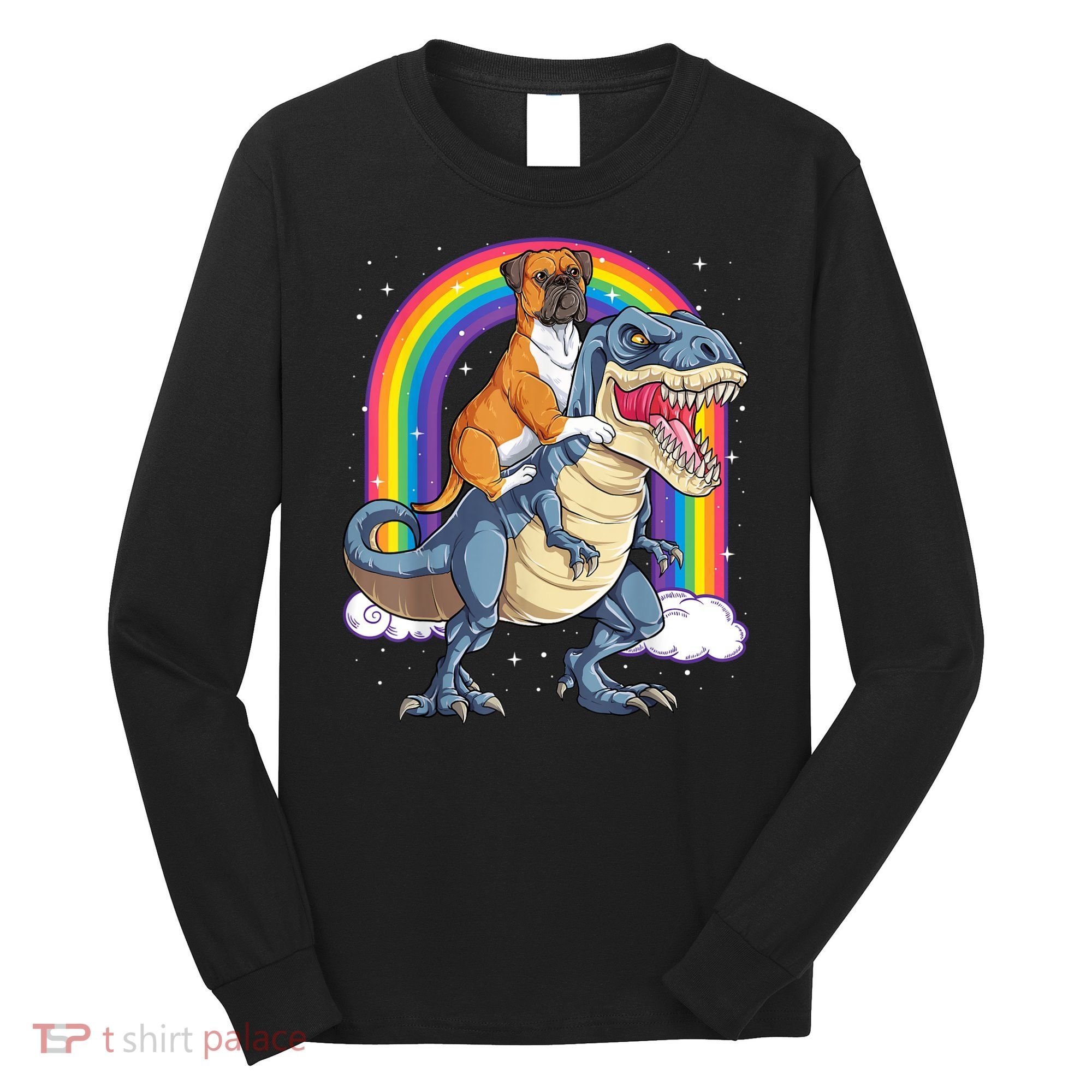Boxer Riding Dinosaur T Rex Dog Lover Boys Kids Rainbow Long Sleeve Shirt
