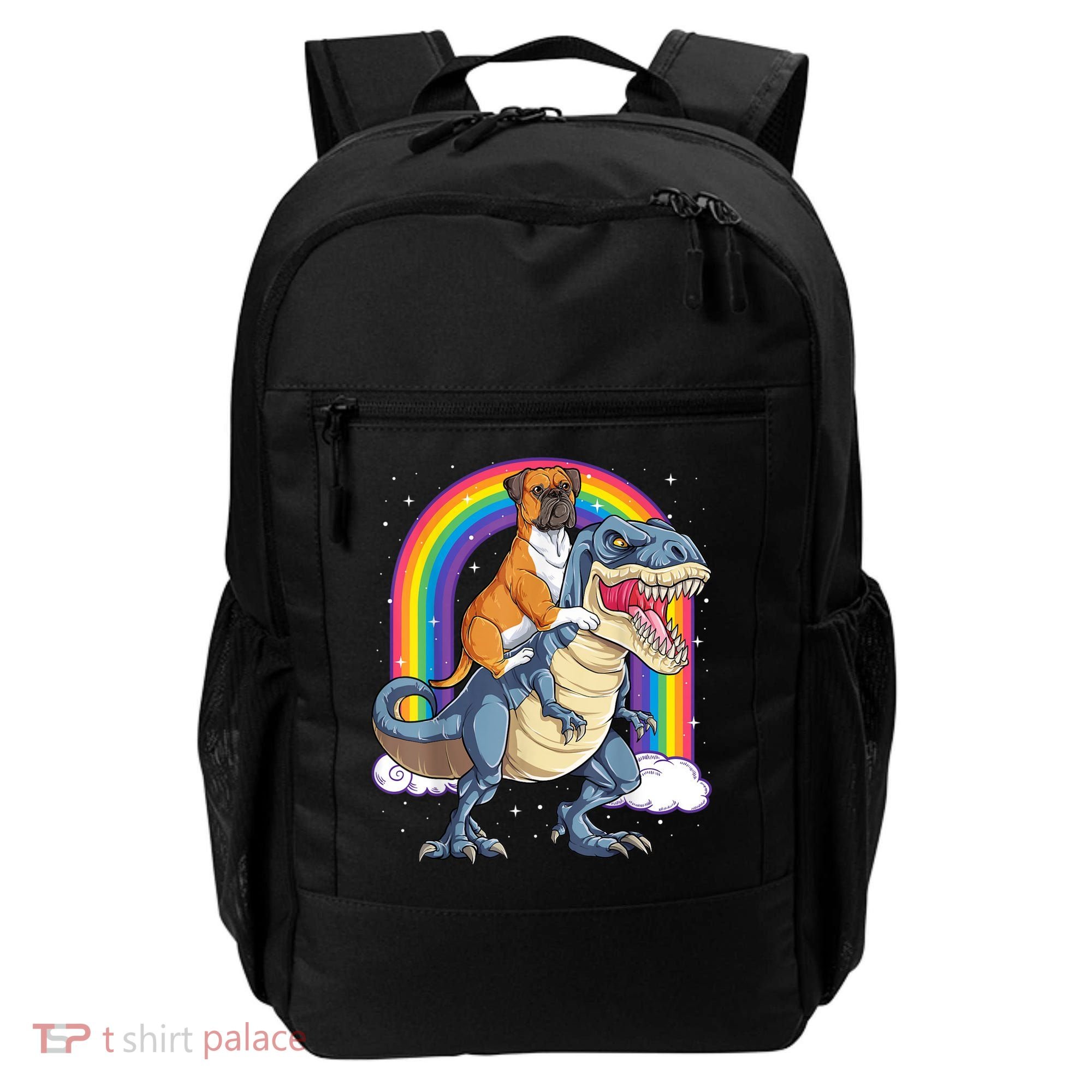 Boxer Riding Dinosaur T Rex Dog Lover Boys Kids Rainbow Backpack