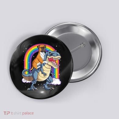 Boxer Riding Dinosaur T Rex Dog Lover Boys Kids Rainbow Button