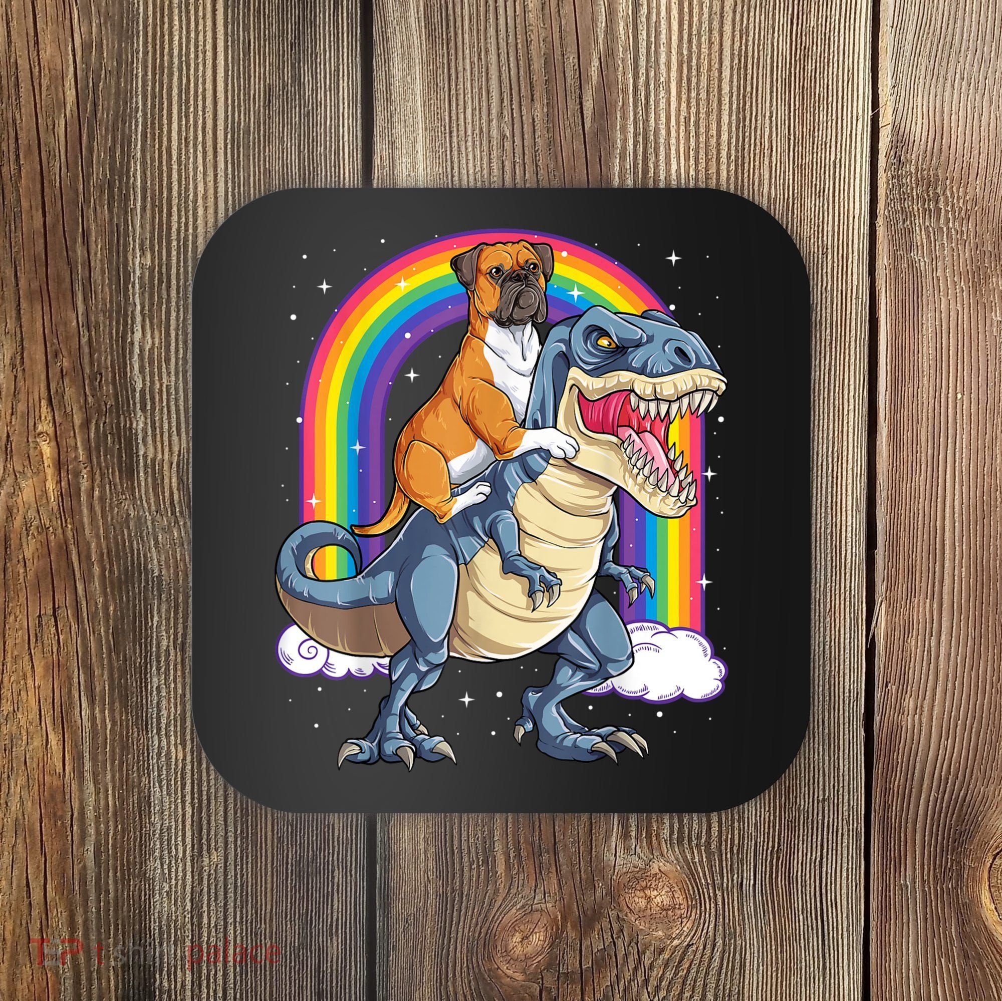 Boxer Riding Dinosaur T Rex Dog Lover Boys Kids Rainbow Coaster