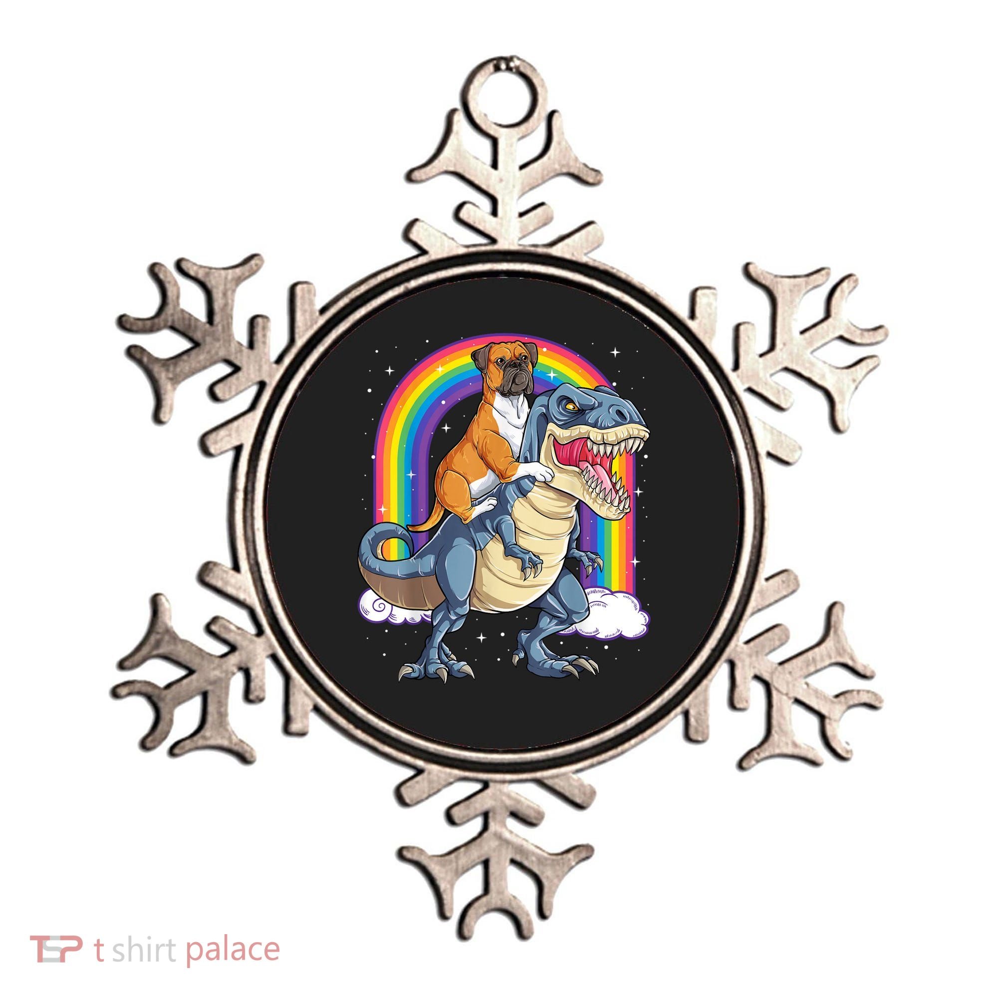 Boxer Riding Dinosaur T Rex Dog Lover Boys Kids Rainbow Ornament