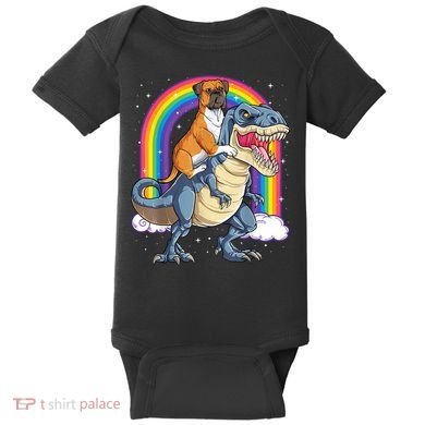Boxer Riding Dinosaur T Rex Dog Lover Boys Kids Rainbow Baby Bodysuit