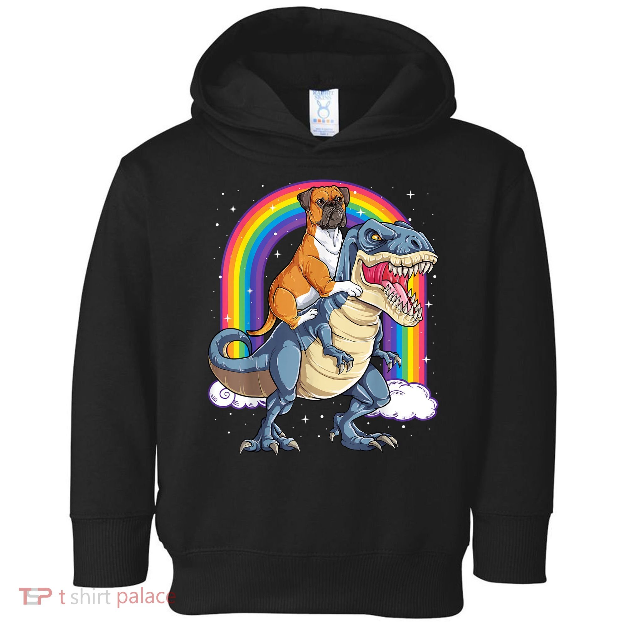 Boxer Riding Dinosaur T Rex Dog Lover Boys Kids Rainbow Toddler Hoodie