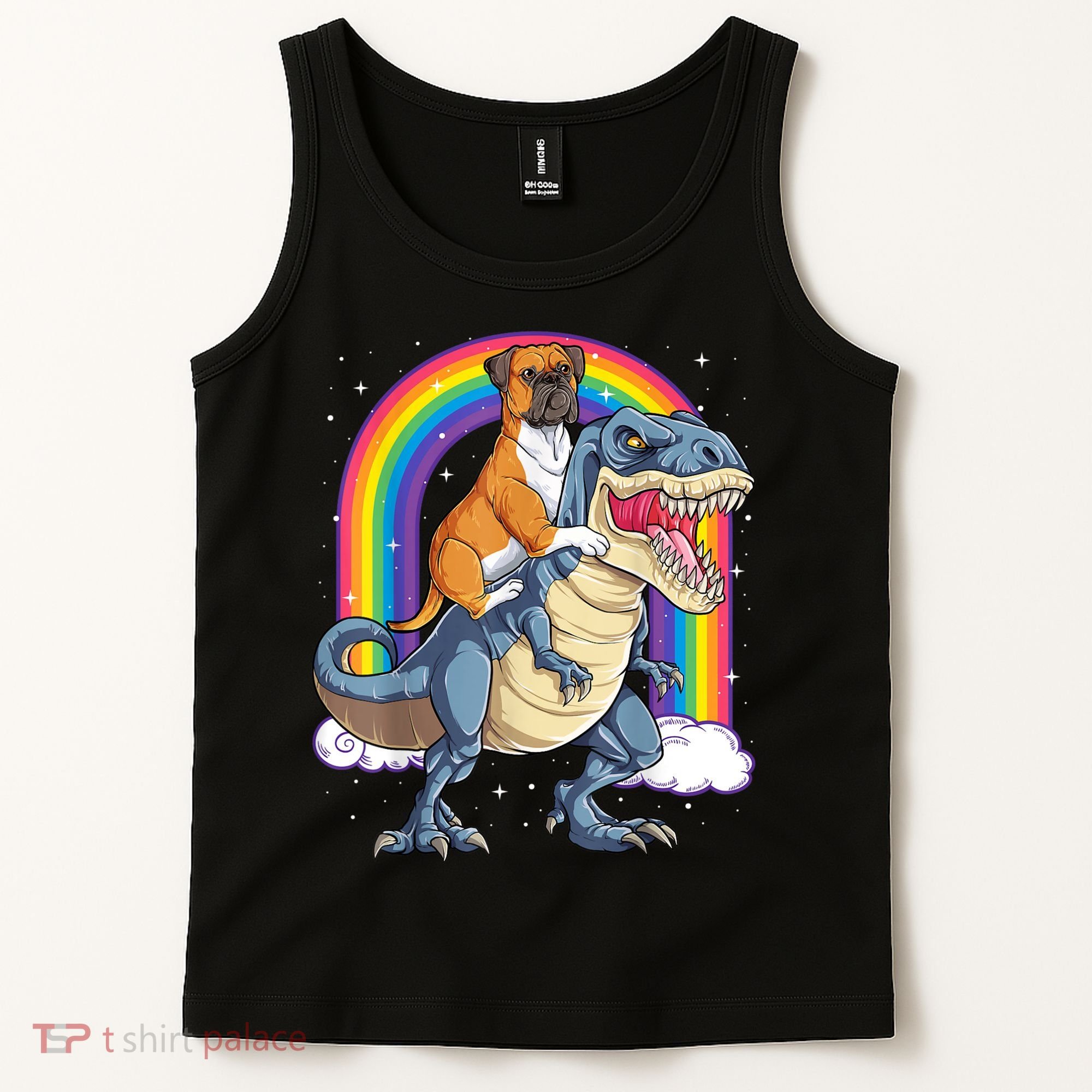 Boxer Riding Dinosaur T Rex Dog Lover Boys Kids Rainbow Tank Top