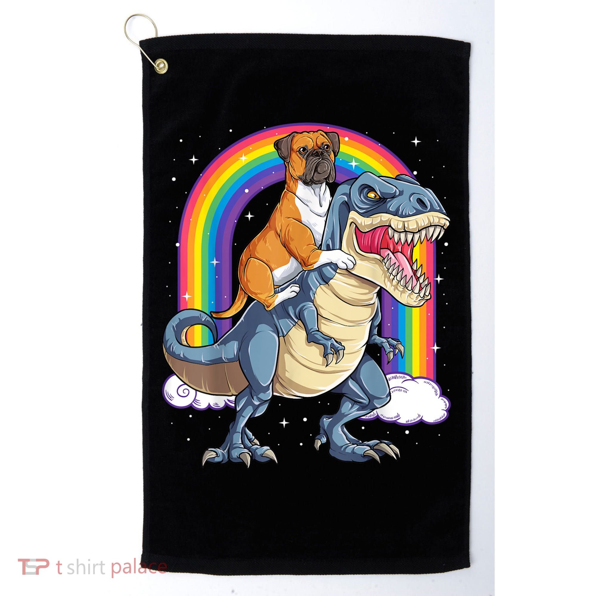 Boxer Riding Dinosaur T Rex Dog Lover Boys Kids Rainbow Golf Towel