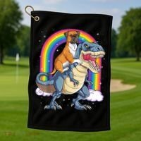 Boxer Riding Dinosaur T Rex Dog Lover Boys Kids Rainbow Golf Towel thumb 1