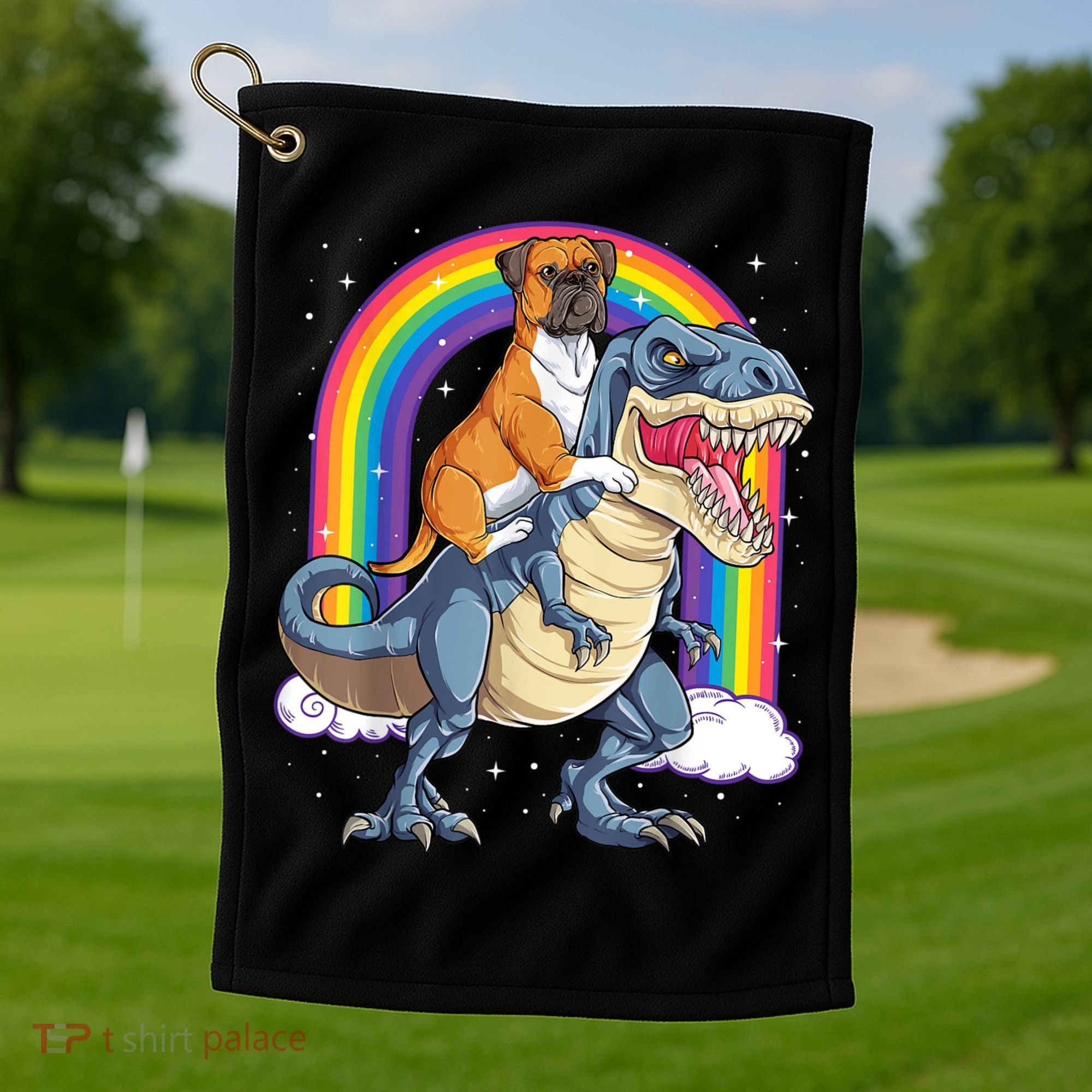 Boxer Riding Dinosaur T Rex Dog Lover Boys Kids Rainbow Golf Towel