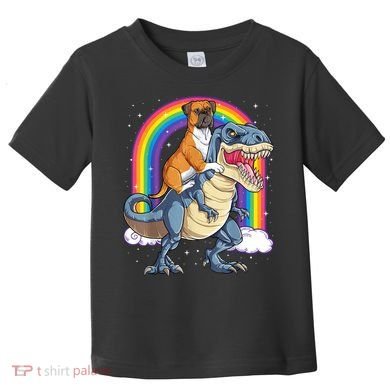 Boxer Riding Dinosaur T Rex Dog Lover Boys Kids Rainbow Toddler T-Shirt