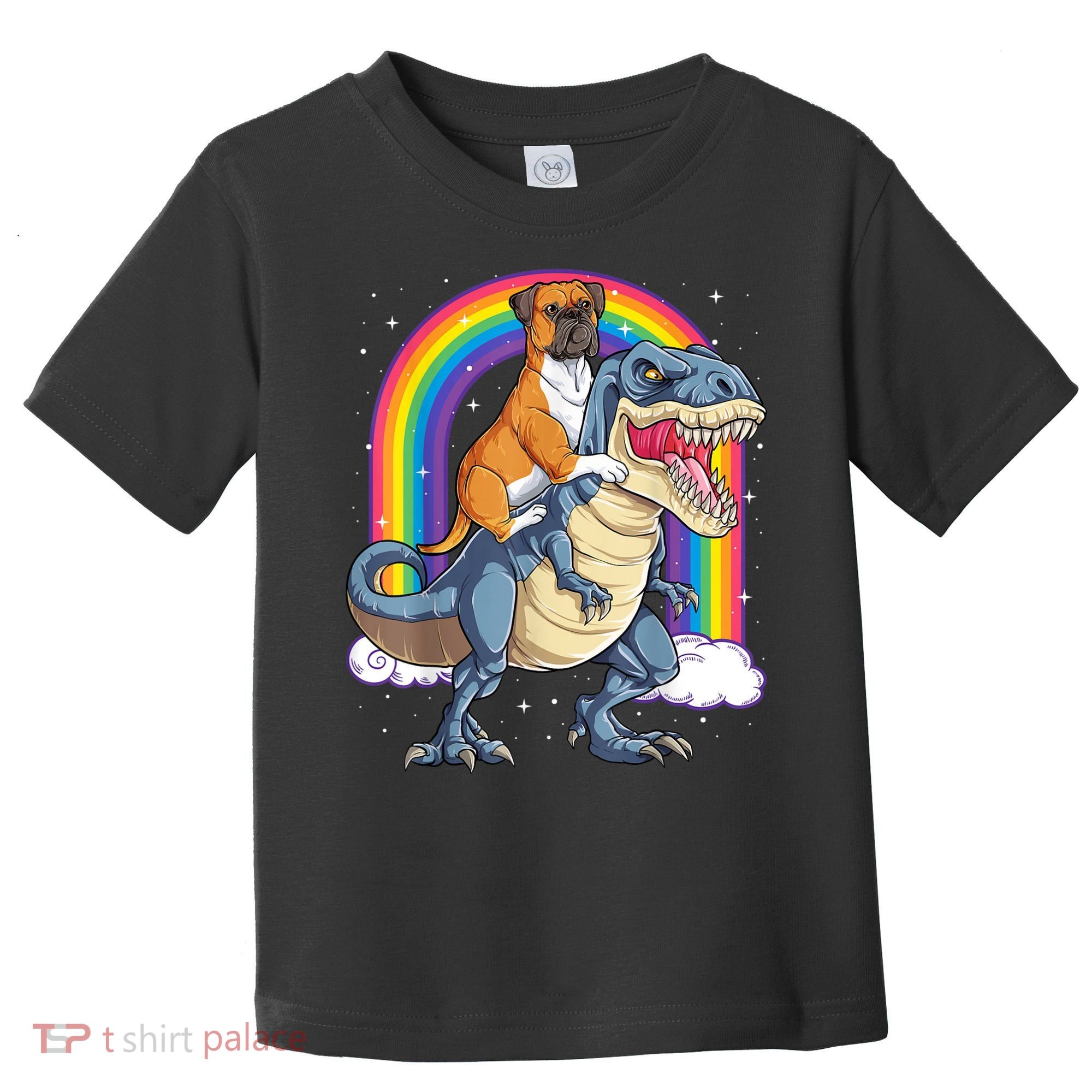 Boxer Riding Dinosaur T Rex Dog Lover Boys Kids Rainbow Toddler T-Shirt
