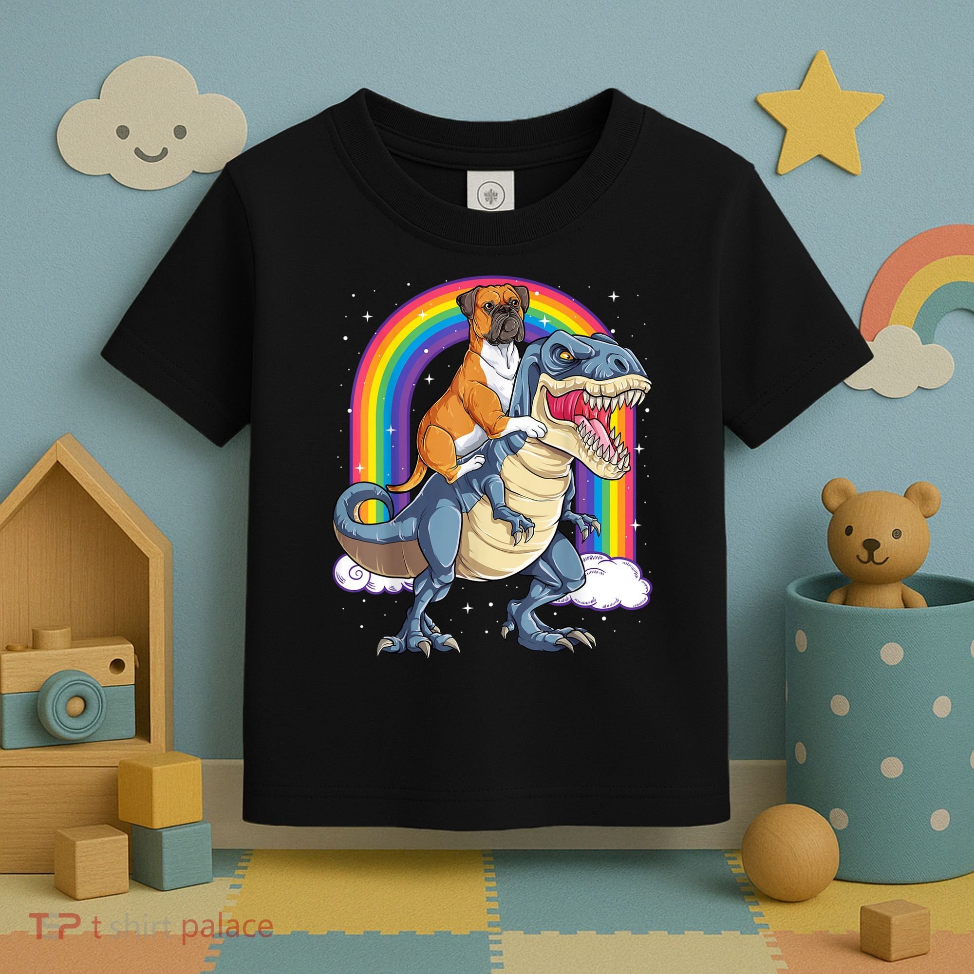 Boxer Riding Dinosaur T Rex Dog Lover Boys Kids Rainbow Toddler T-Shirt