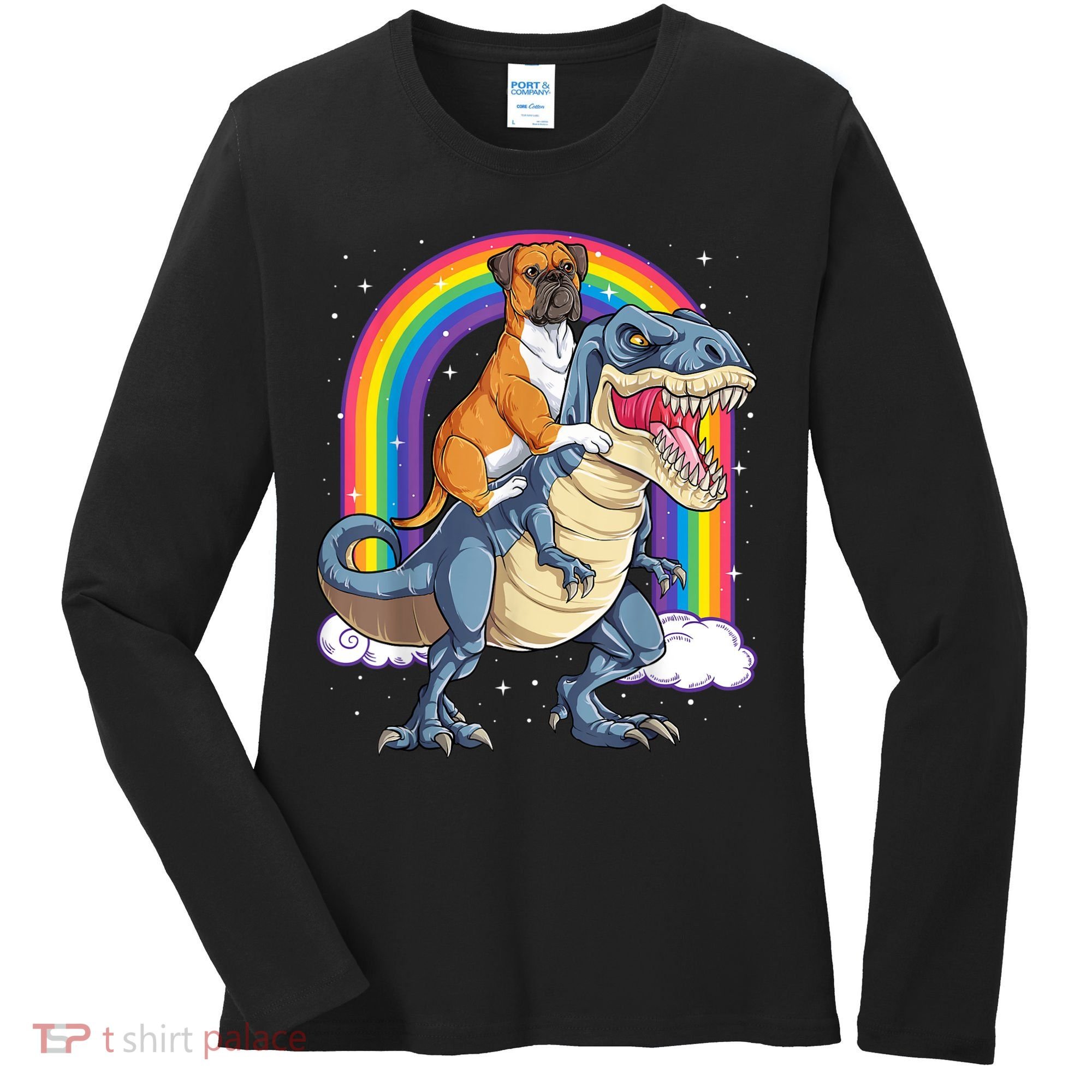 Boxer Riding Dinosaur T Rex Dog Lover Boys Kids Rainbow Women's Long Sleeve Shirt