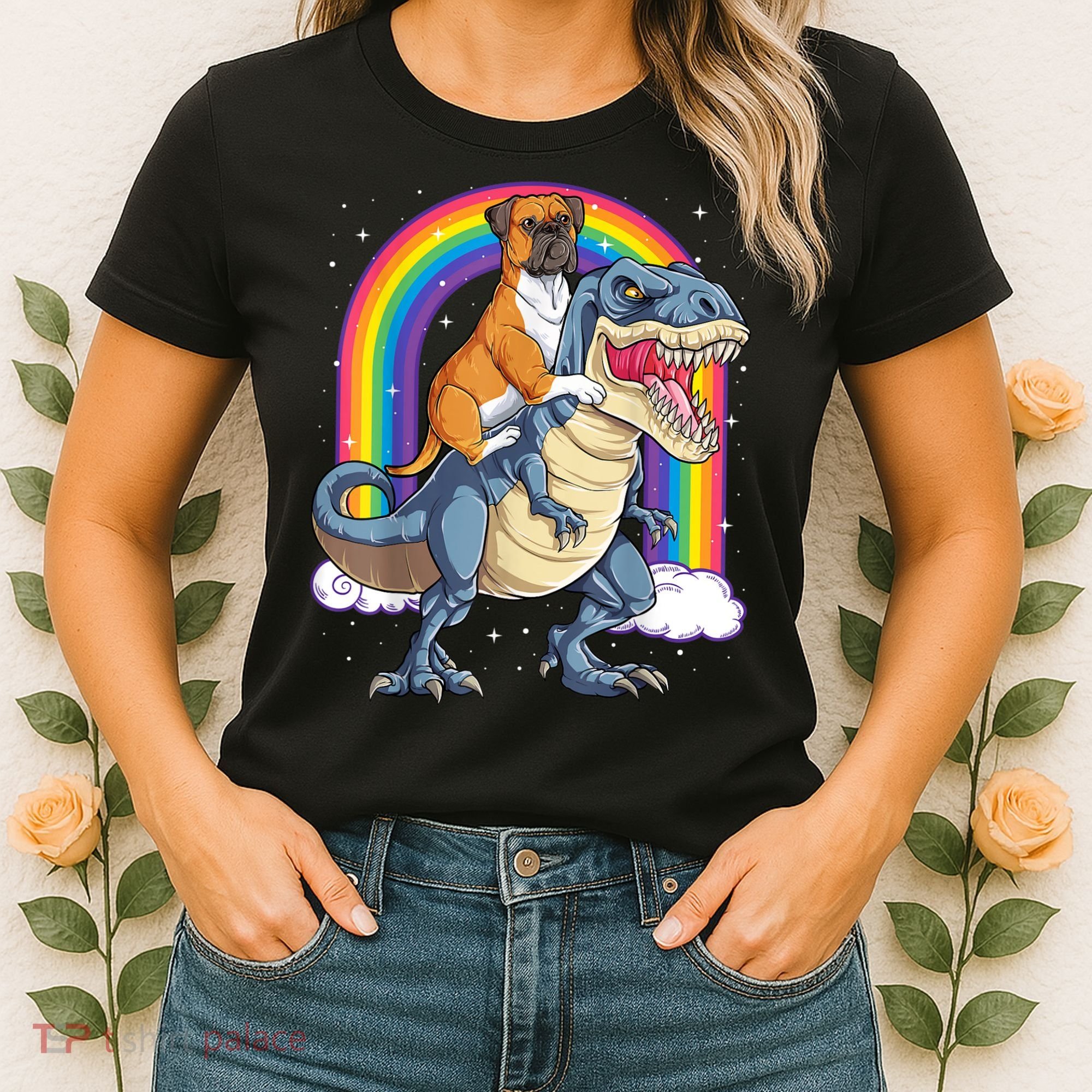 Boxer Riding Dinosaur T Rex Dog Lover Boys Kids Rainbow Women's T-Shirt