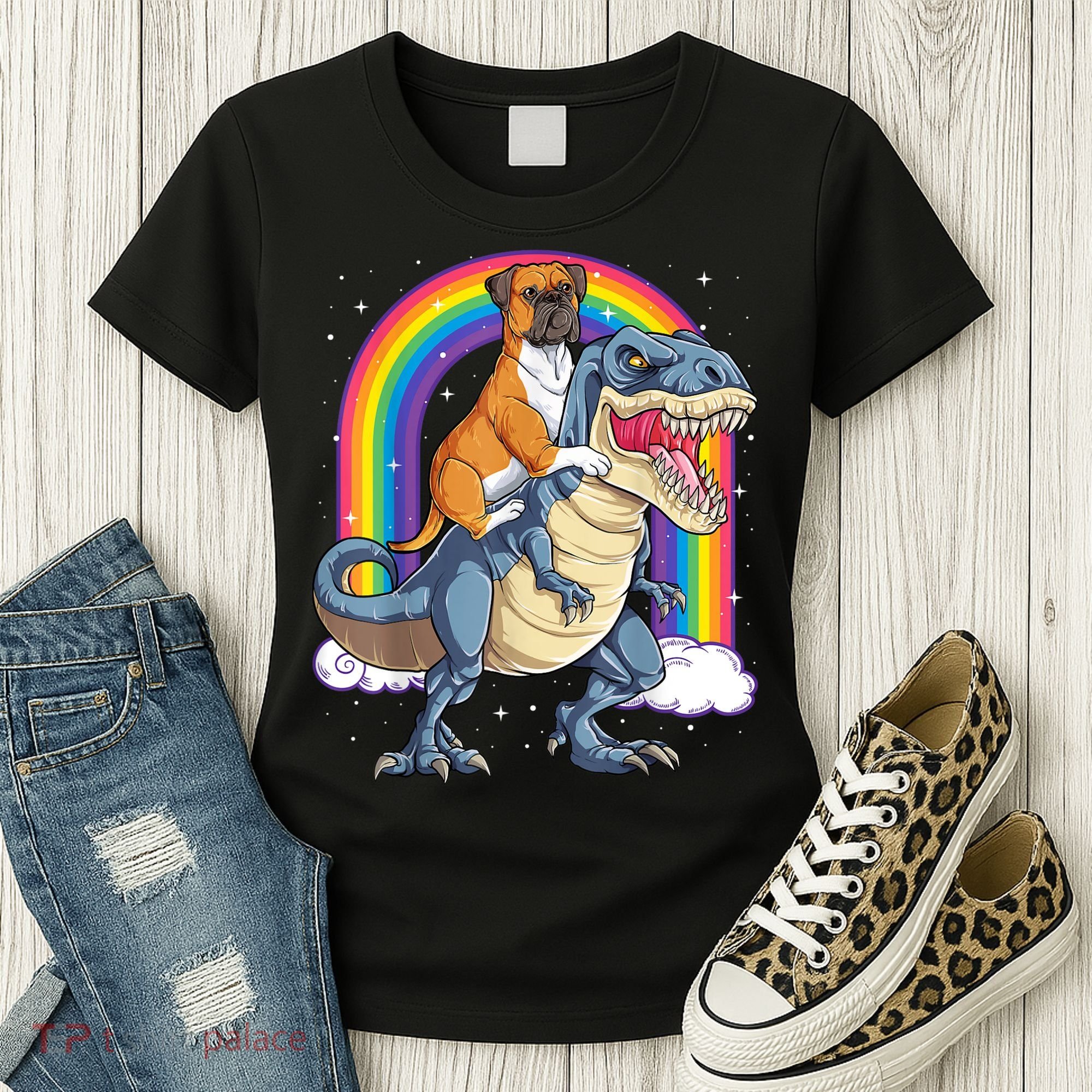 Boxer Riding Dinosaur T Rex Dog Lover Boys Kids Rainbow Women's T-Shirt